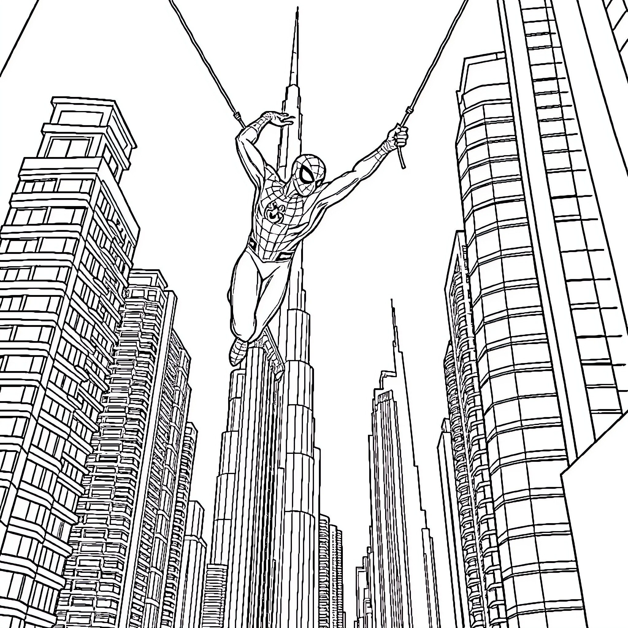 Spiderman swinging through the city skyline Coloring Page (free black-and-white line drawing printable PDF for all, from beginners to advanced learners, including children, teens, adults, and seniors)