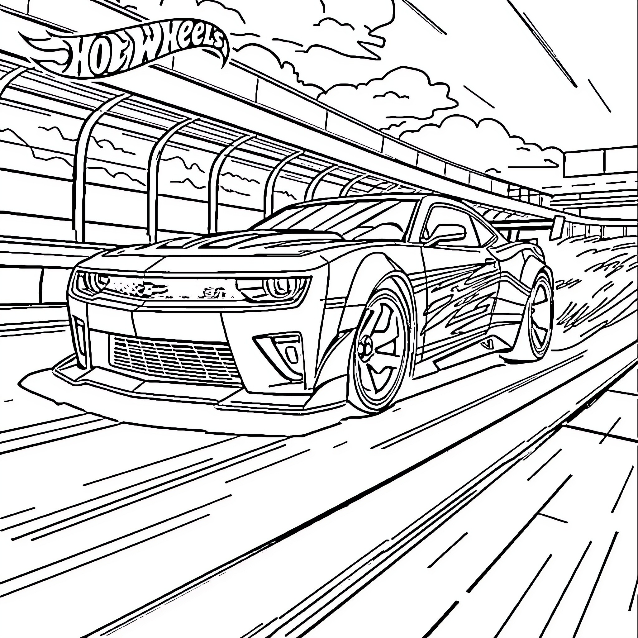 Hot Wheels racing fast through the track Coloring Page (free black-and-white line drawing printable PDF for all, from beginners to advanced learners, including children, teens, adults, and seniors)