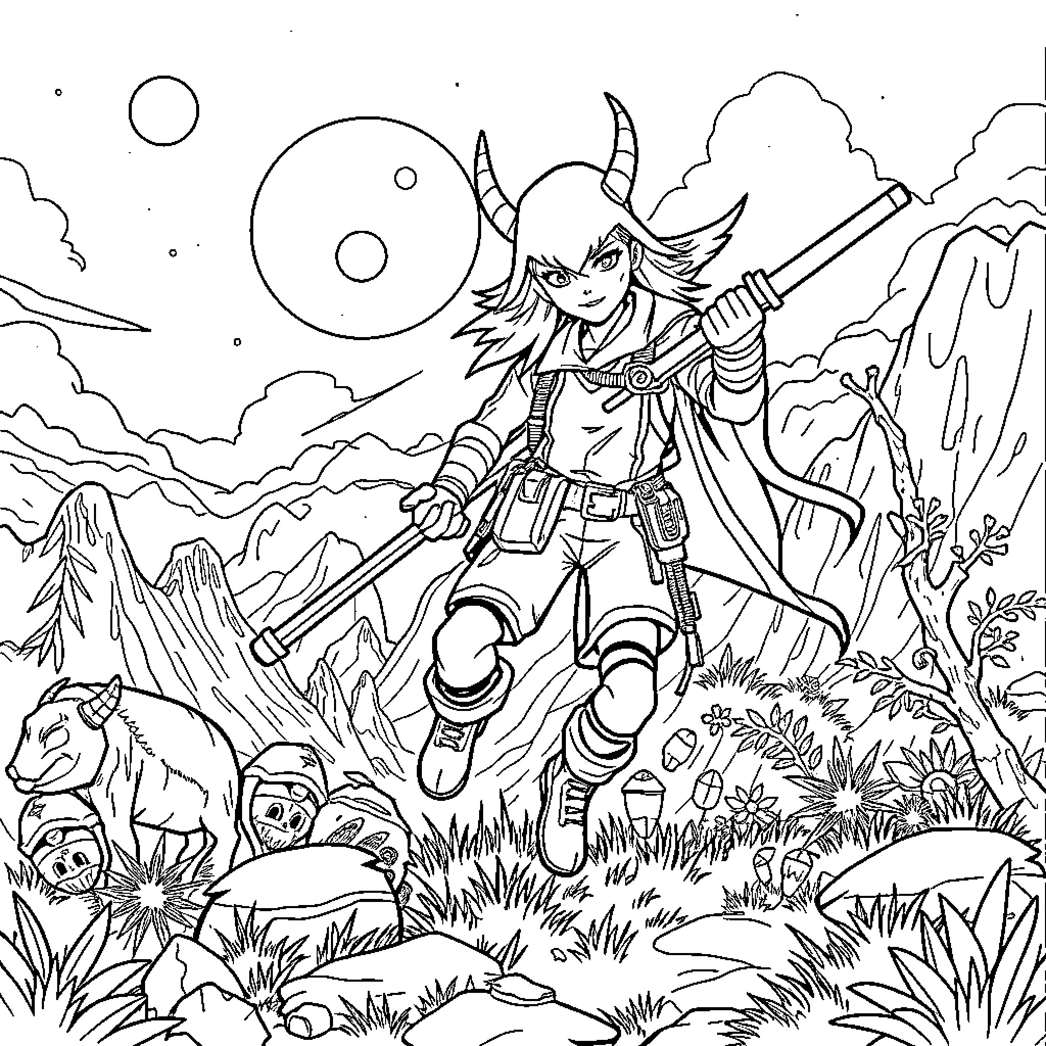 Huntrix Warrior Adventurer in Fantastical Landscape Coloring Page (free black-and-white line drawing printable PDF for all, from beginners to advanced learners, including children, teens, adults, and seniors)