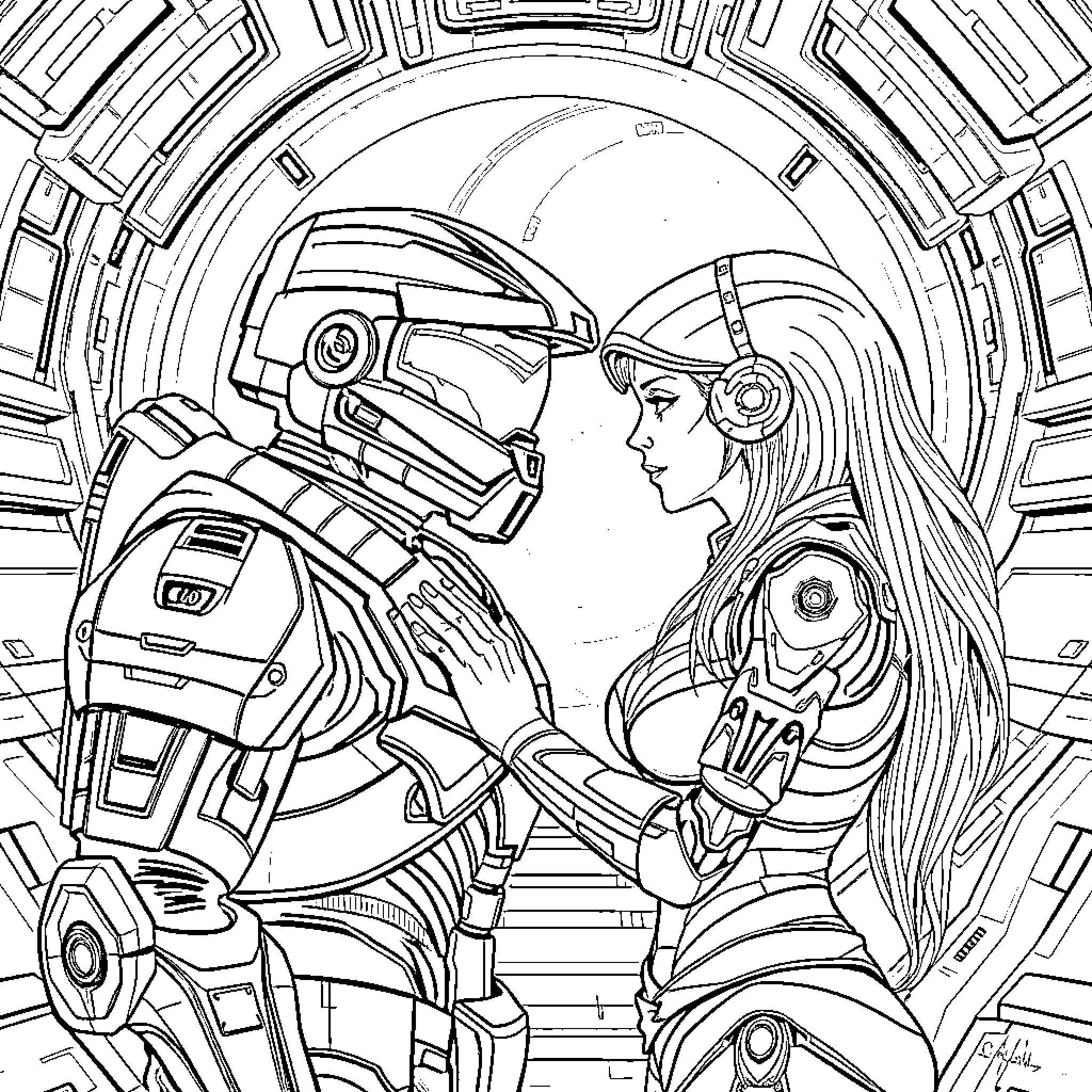 Master Chief and Warrior Woman in Futuristic Sci-Fi Setting Coloring Page (free black-and-white line drawing printable PDF for all, from beginners to advanced learners, including children, teens, adults, and seniors)