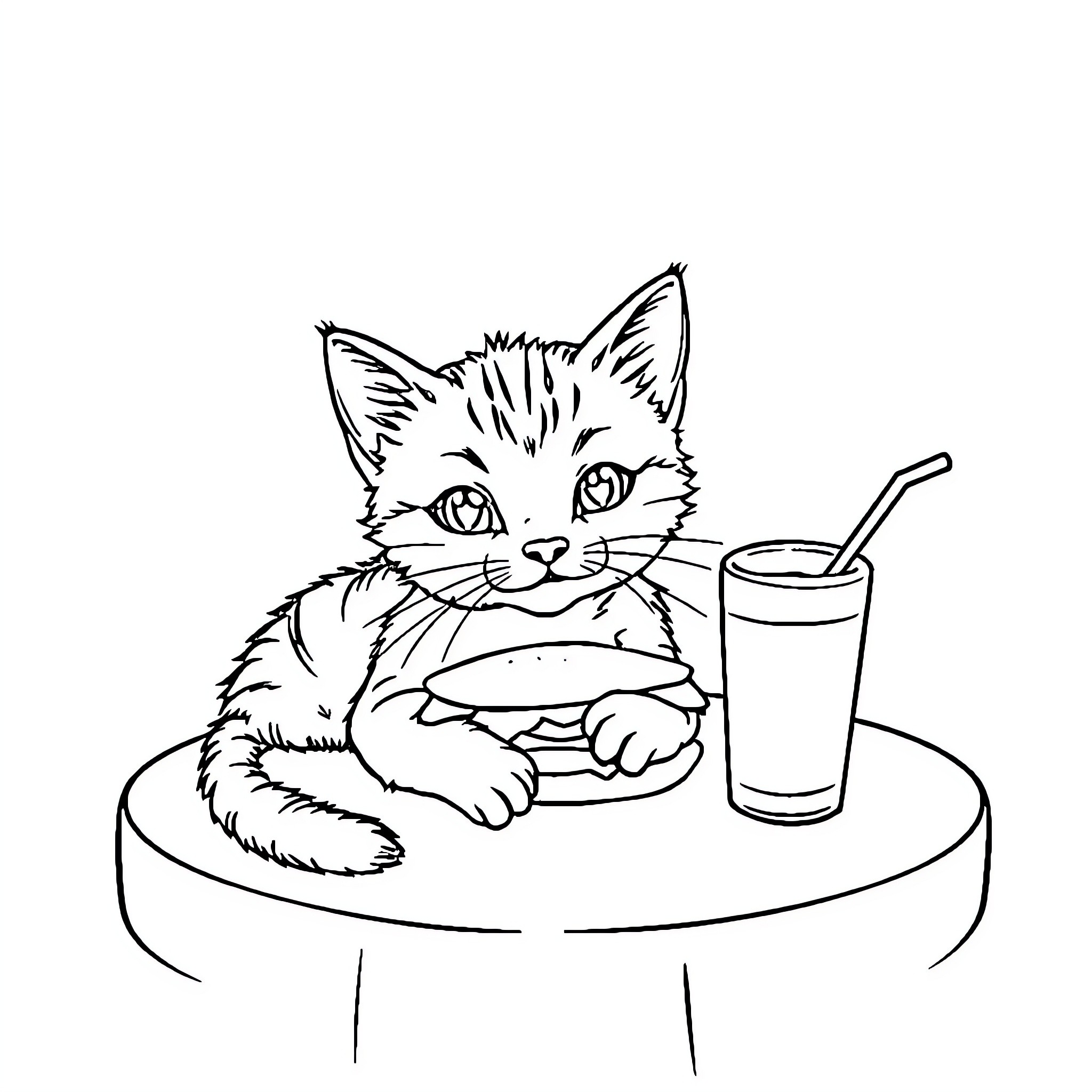 Kitten Enjoying a Tasty Snack Coloring Page (free black-and-white line drawing printable PDF for all, from beginners to advanced learners, including children, teens, adults, and seniors)