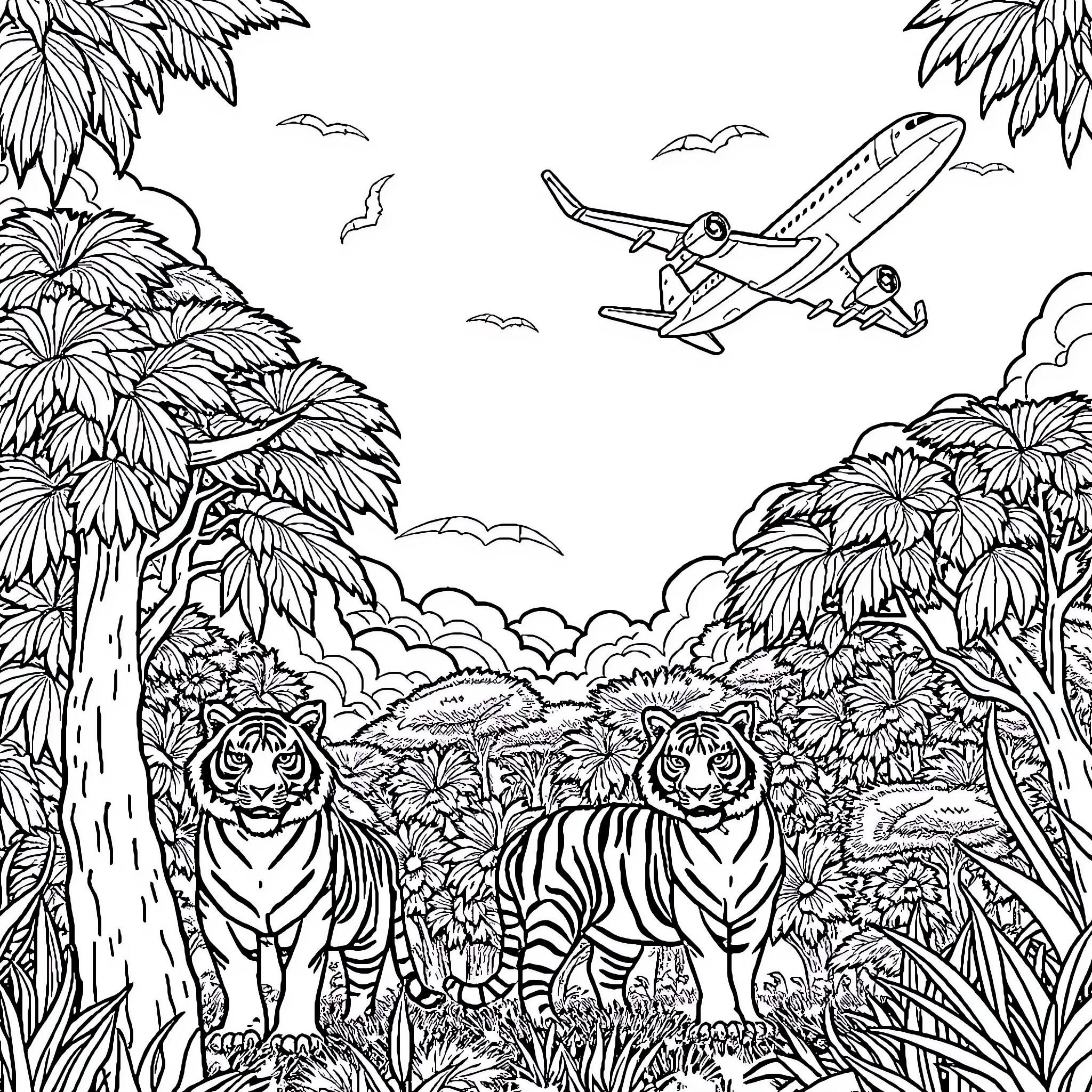 Plane taking off above tigers in jungle landscape Coloring Page (free black-and-white line drawing printable PDF for all, from beginners to advanced learners, including children, teens, adults, and seniors)