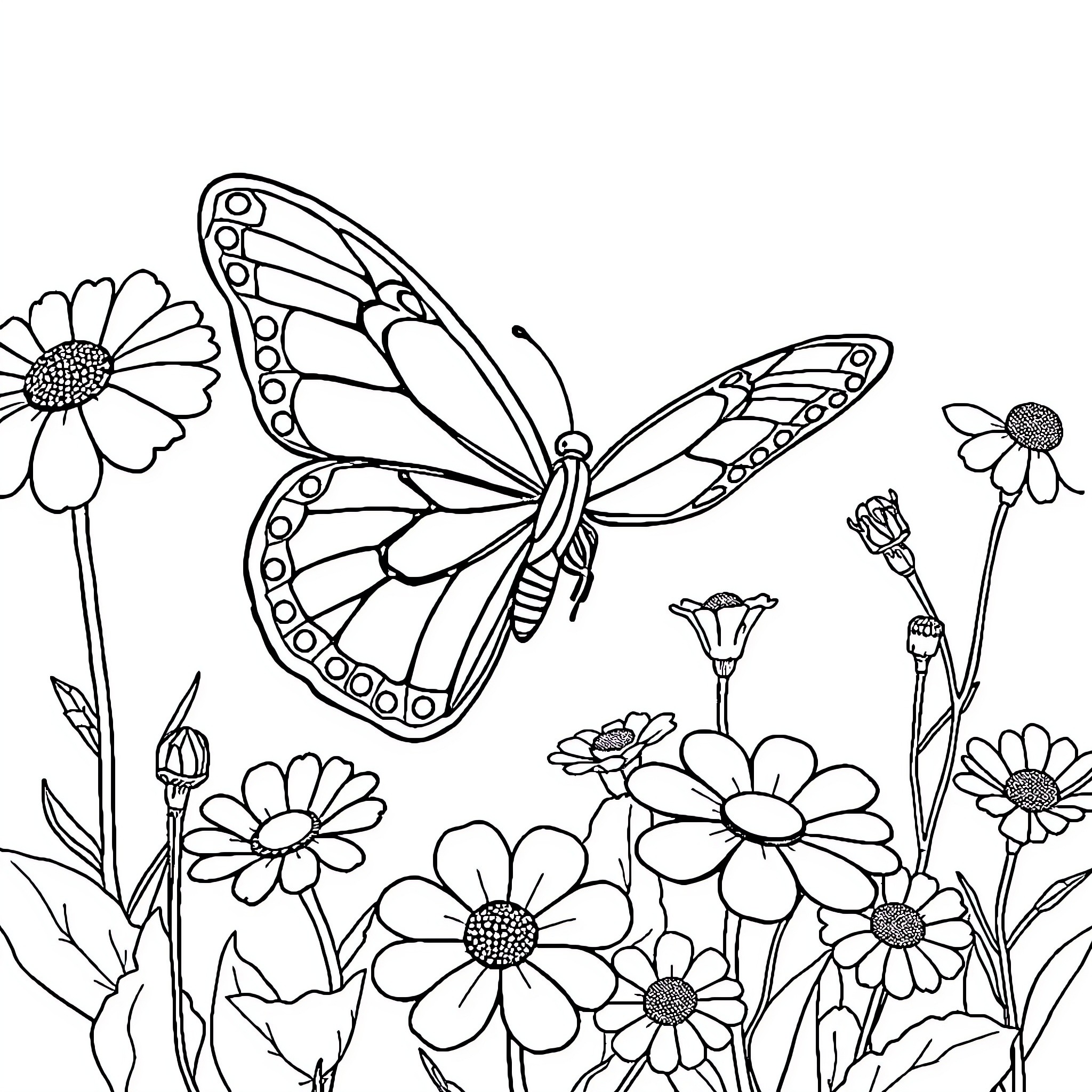 Butterfly Among Intricate Flower Garden Coloring Page (free black-and-white line drawing printable PDF for all, from beginners to advanced learners, including children, teens, adults, and seniors)