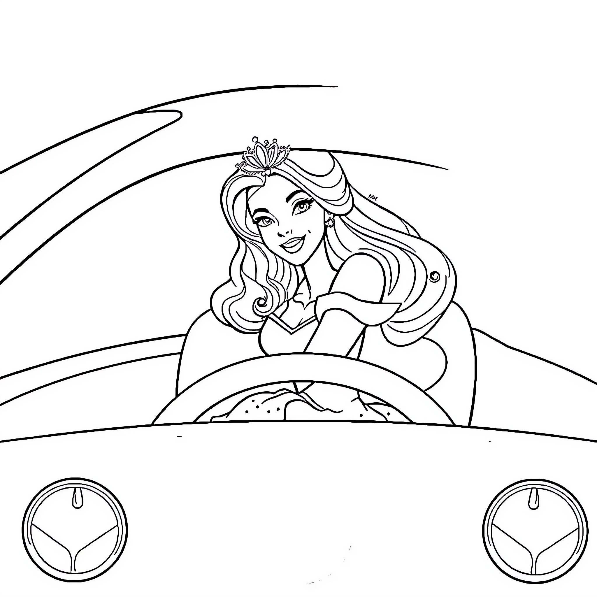 Princess Driving a Magical Car Coloring Page (free black-and-white line drawing printable PDF for all, from beginners to advanced learners, including children, teens, adults, and seniors)