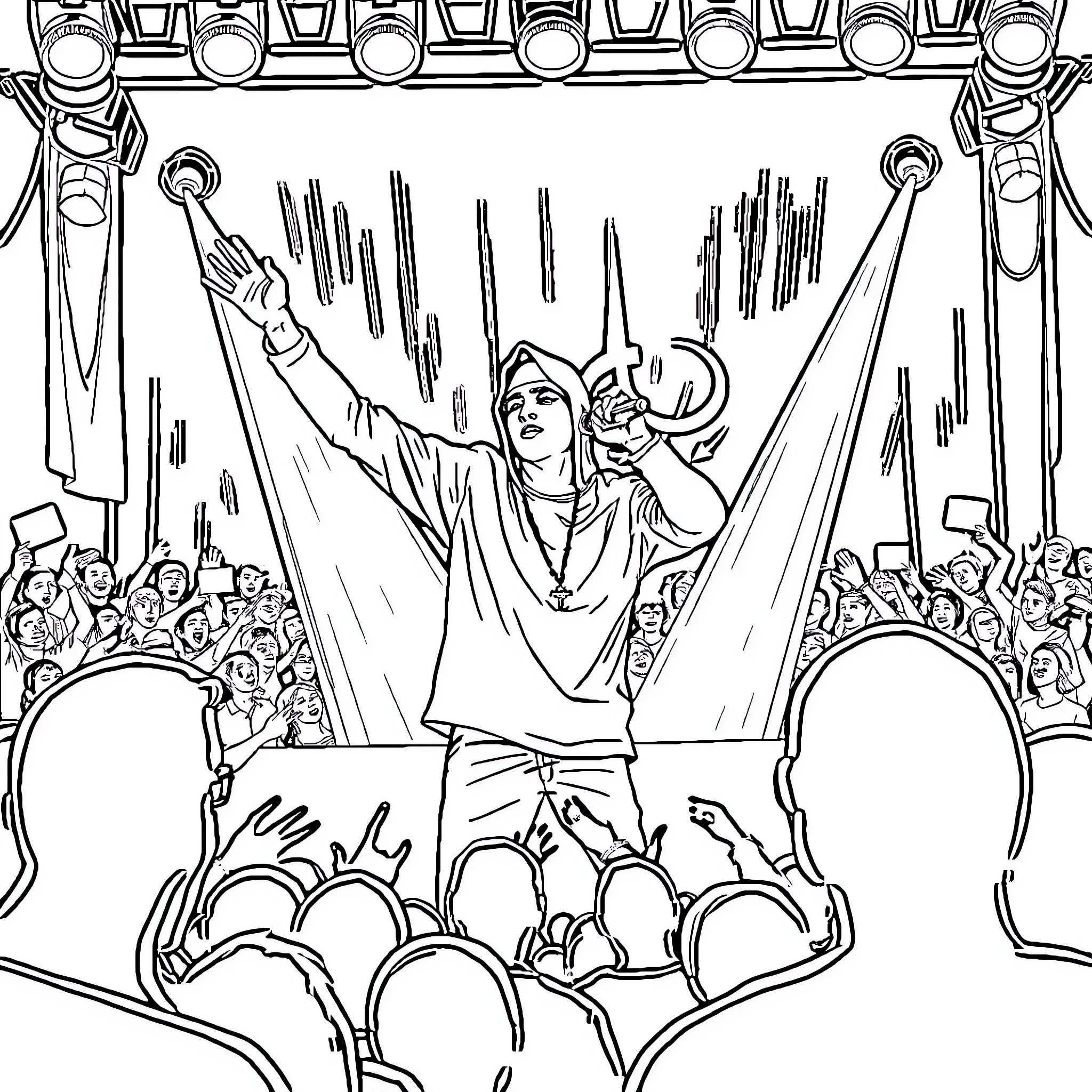 Eminem Performing on Stage with Energy and Excitement Coloring Page (free black-and-white line drawing printable PDF for all, from beginners to advanced learners, including children, teens, adults, and seniors)