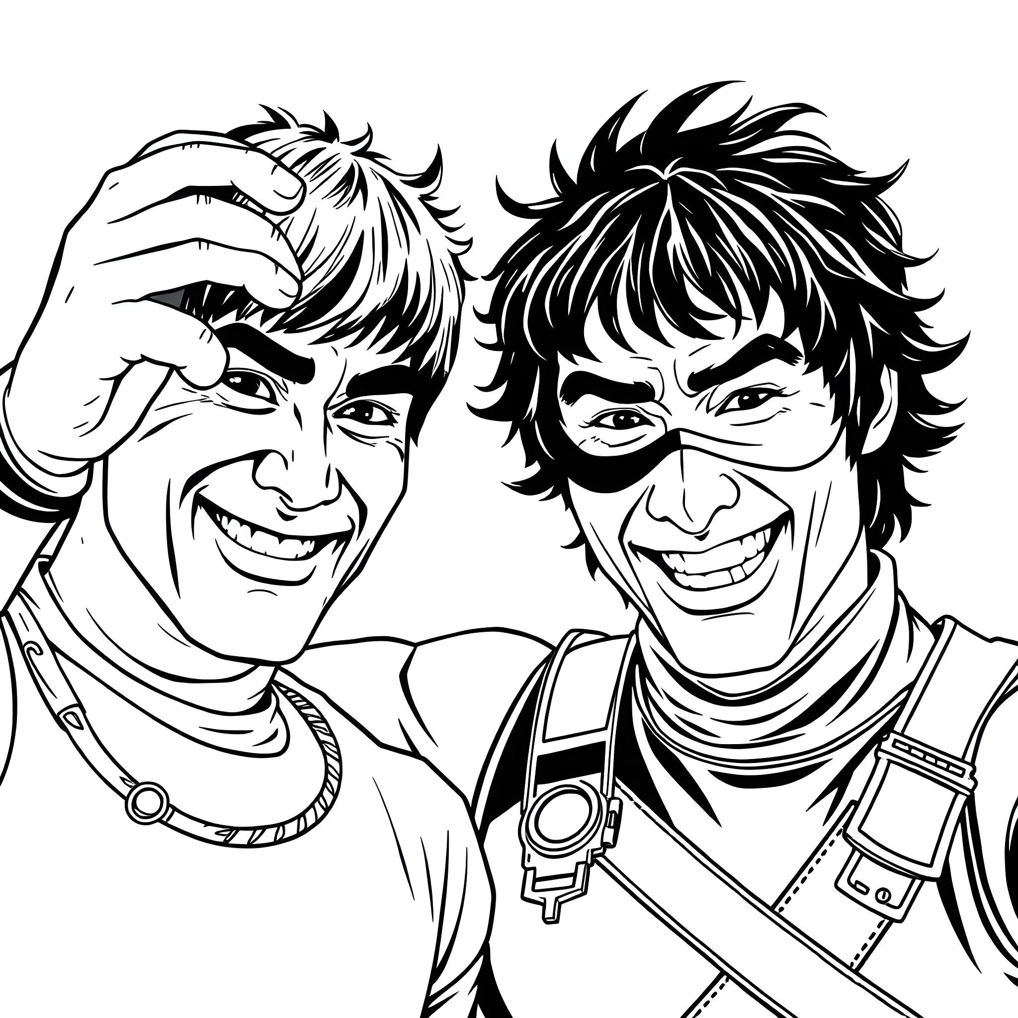 Bruce Lee striking a fighting pose with a companion Coloring Page (free black-and-white line drawing printable PDF for all, from beginners to advanced learners, including children, teens, adults, and seniors)