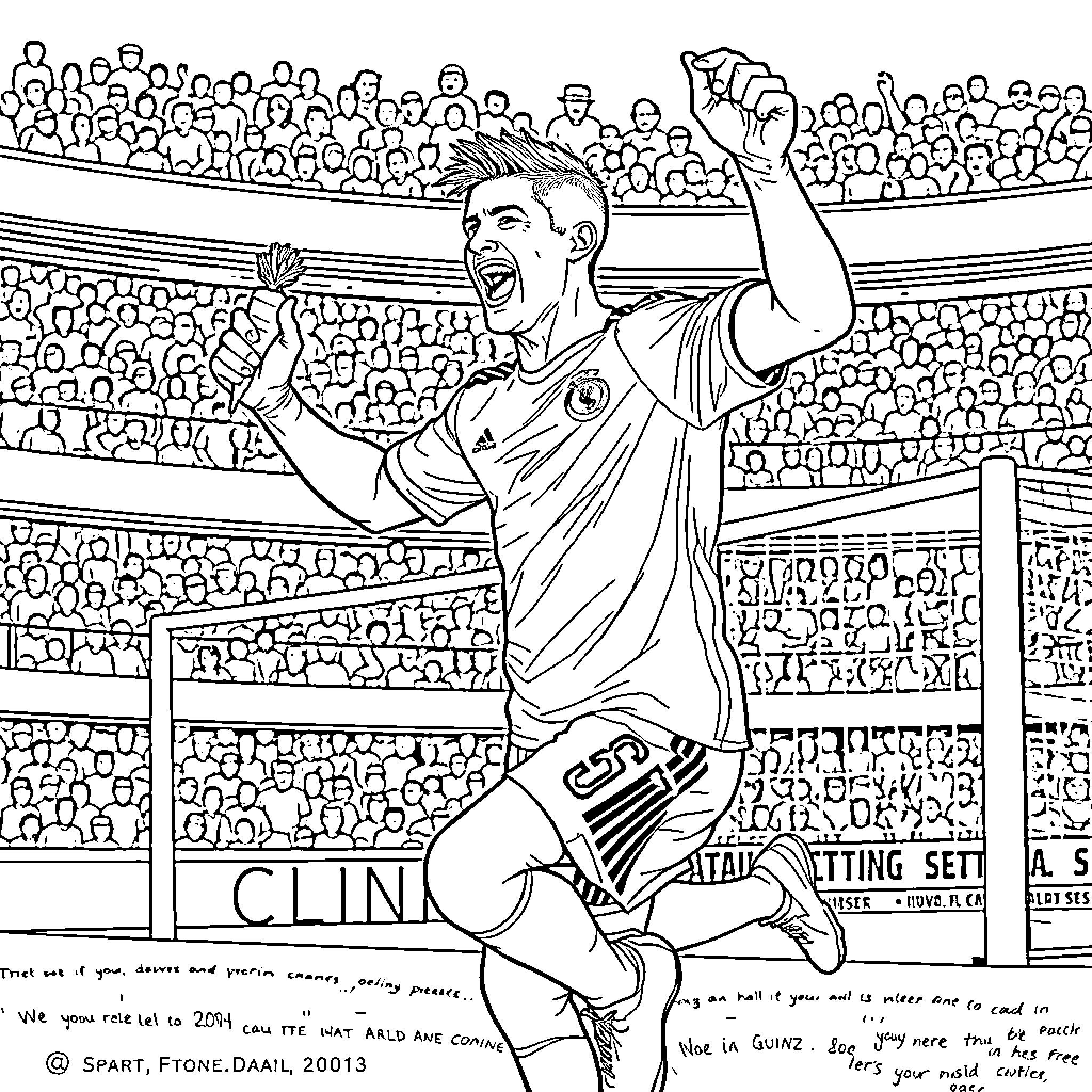 Ronaldo Celebrating Victory in Stadium Crowd Coloring Page (free black-and-white line drawing printable PDF for all, from beginners to advanced learners, including children, teens, adults, and seniors)