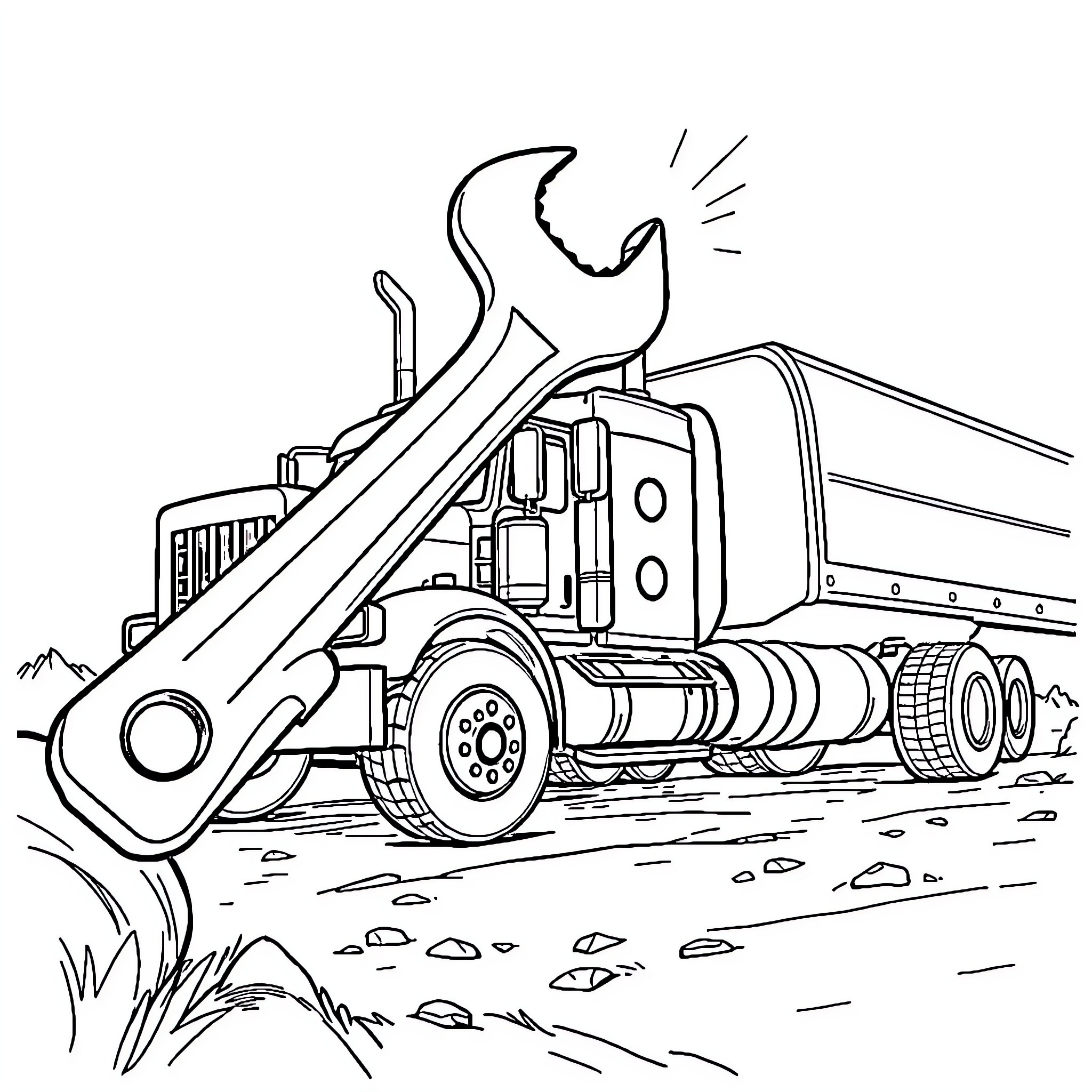Wrench Inspecting Truck on Construction Site Coloring Page (free black-and-white line drawing printable PDF for all, from beginners to advanced learners, including children, teens, adults, and seniors)