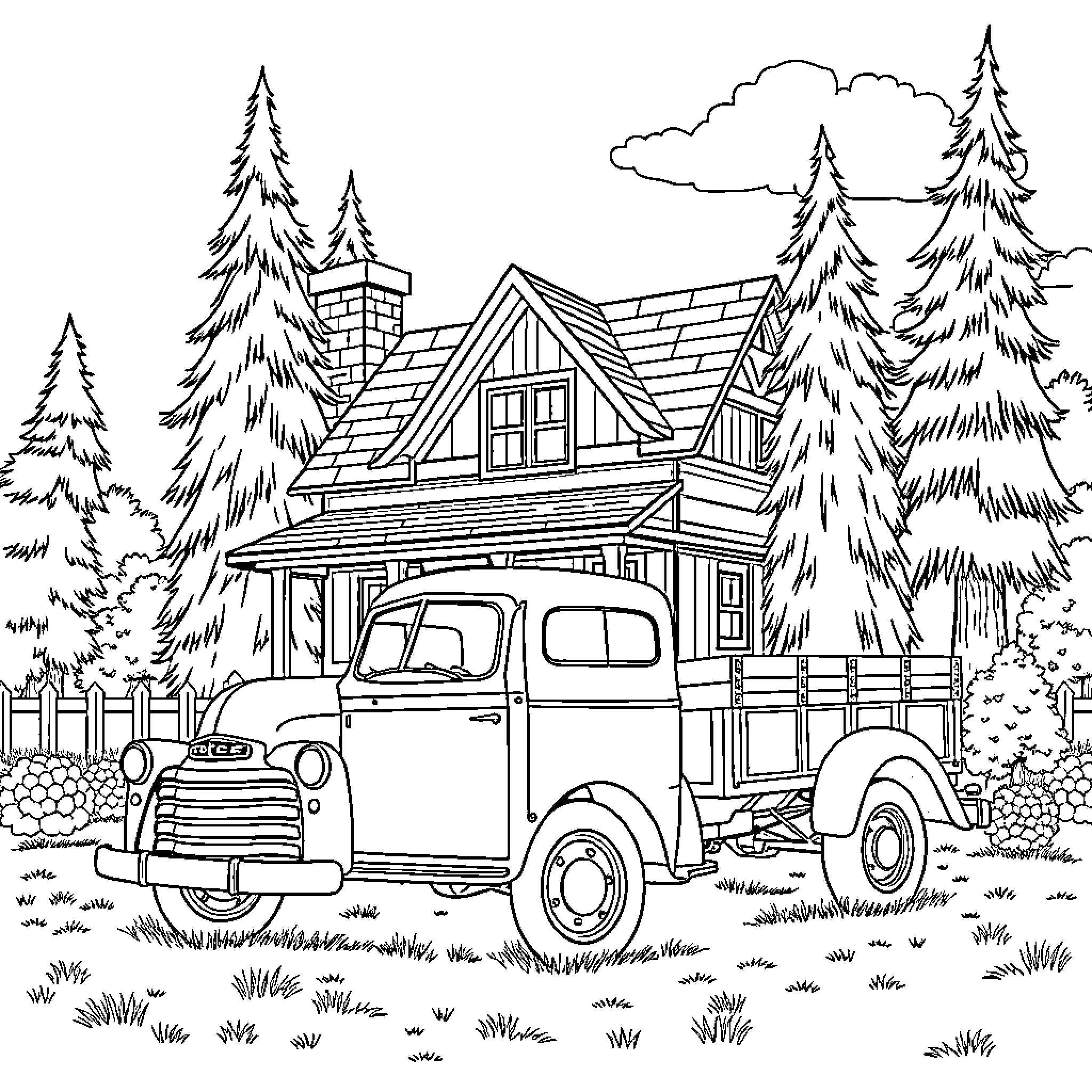 Truck parked in front of rustic cabin in the woods Coloring Page (free black-and-white line drawing printable PDF for all, from beginners to advanced learners, including children, teens, adults, and seniors)