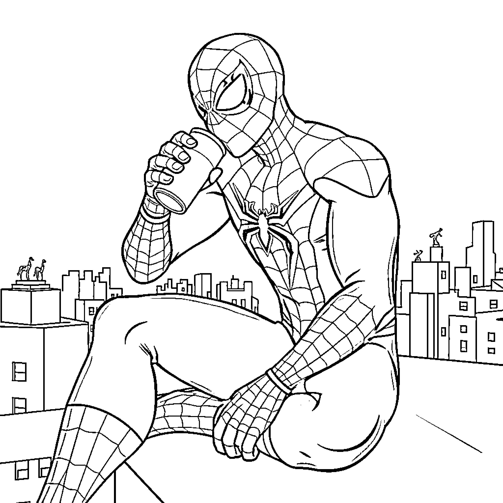 Spiderman contemplating on city rooftops Coloring Page (free black-and-white line drawing printable PDF for all, from beginners to advanced learners, including children, teens, adults, and seniors)