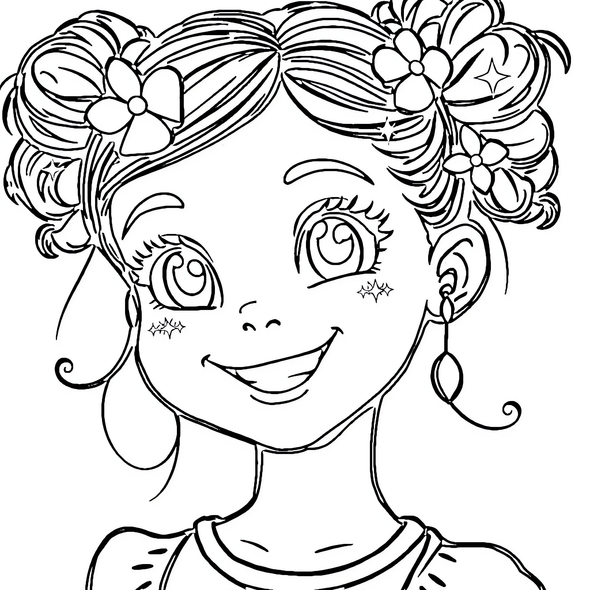 Girl with Floral Hair and Friendly Smile Coloring Page (free black-and-white line drawing printable PDF for all, from beginners to advanced learners, including children, teens, adults, and seniors)
