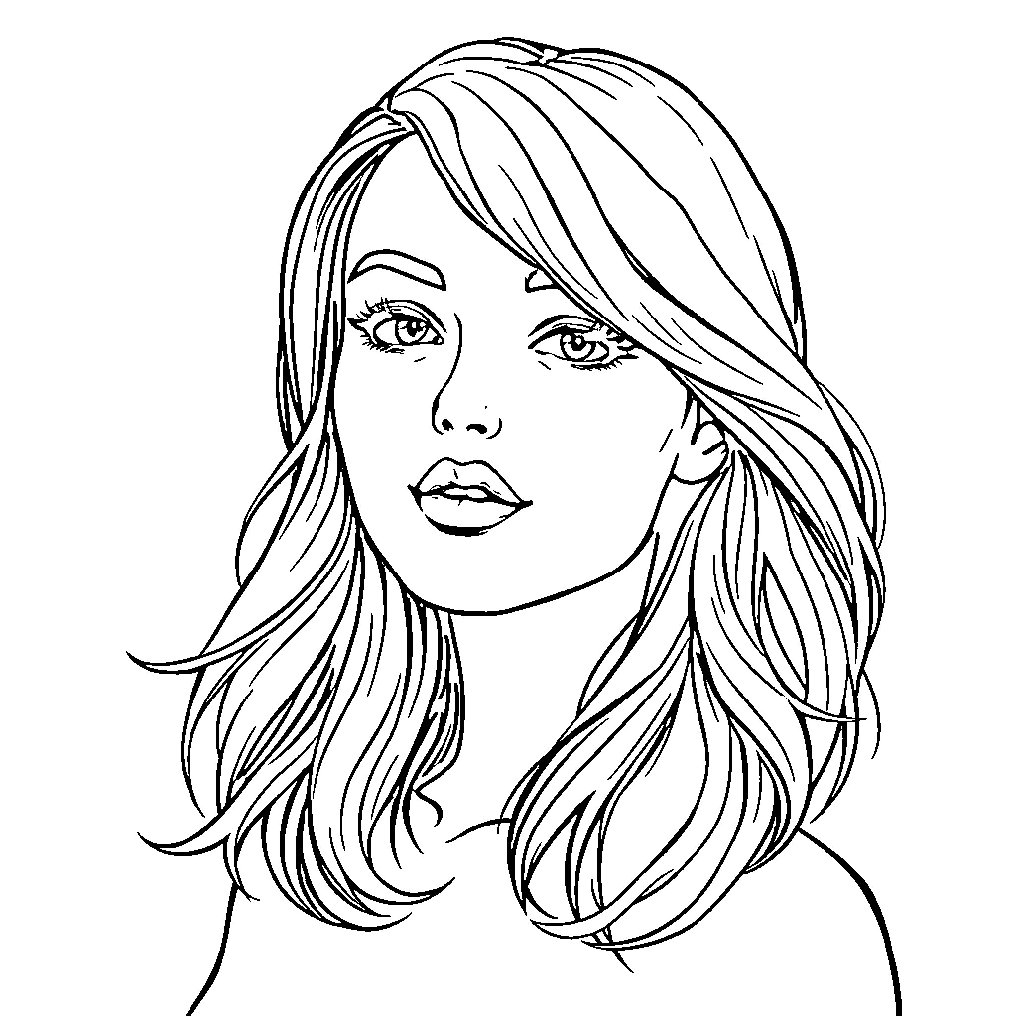 Woman with flowing hair and pensive expression Coloring Page (free black-and-white line drawing printable PDF for all, from beginners to advanced learners, including children, teens, adults, and seniors)