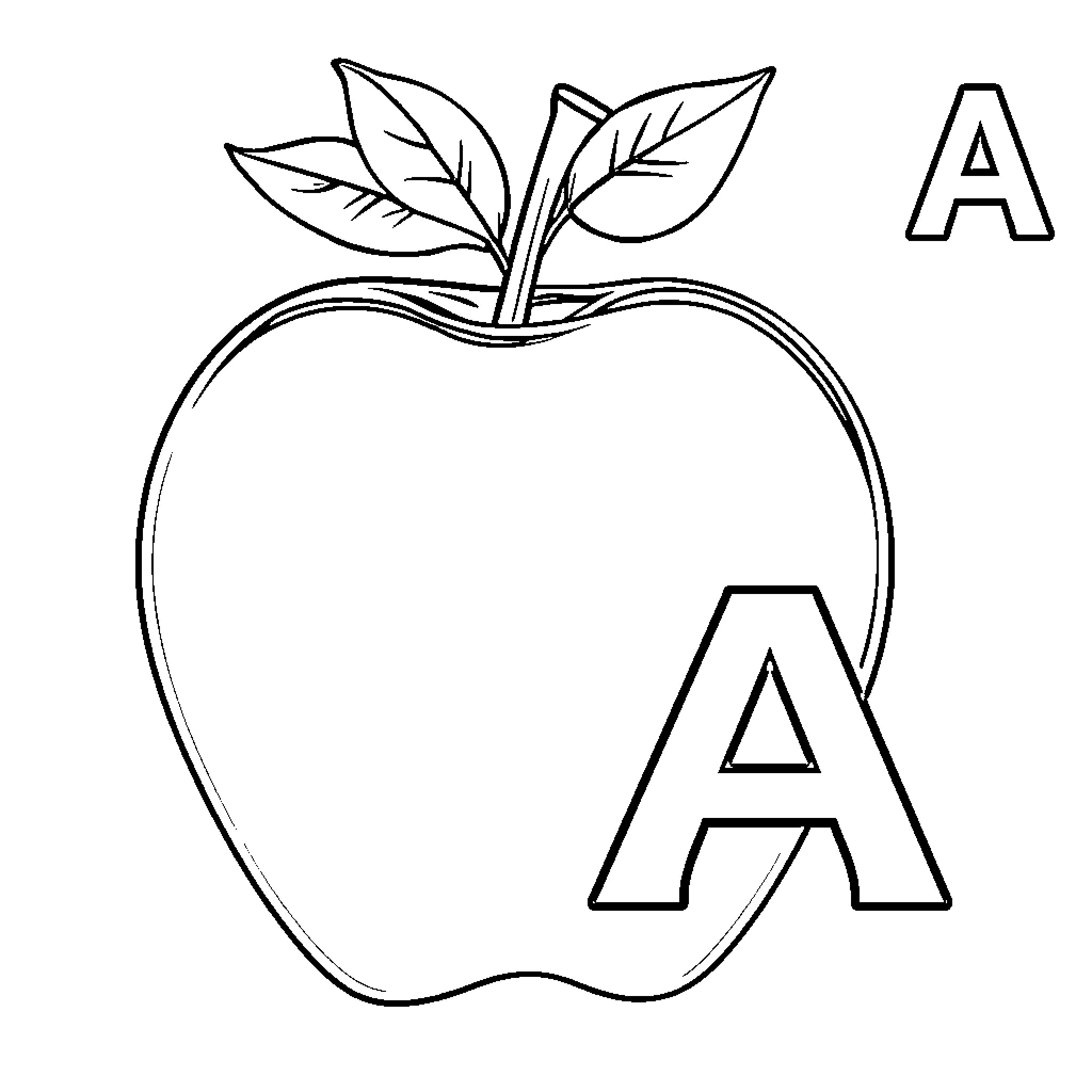 Apple with Leaves and Letters Coloring Page (free black-and-white line drawing printable PDF for all, from beginners to advanced learners, including children, teens, adults, and seniors)
