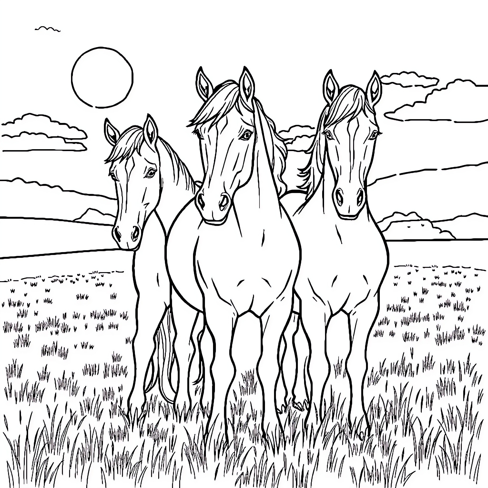 Horse herd galloping through the meadow Coloring Page (free black-and-white line drawing printable PDF for all, from beginners to advanced learners, including children, teens, adults, and seniors)