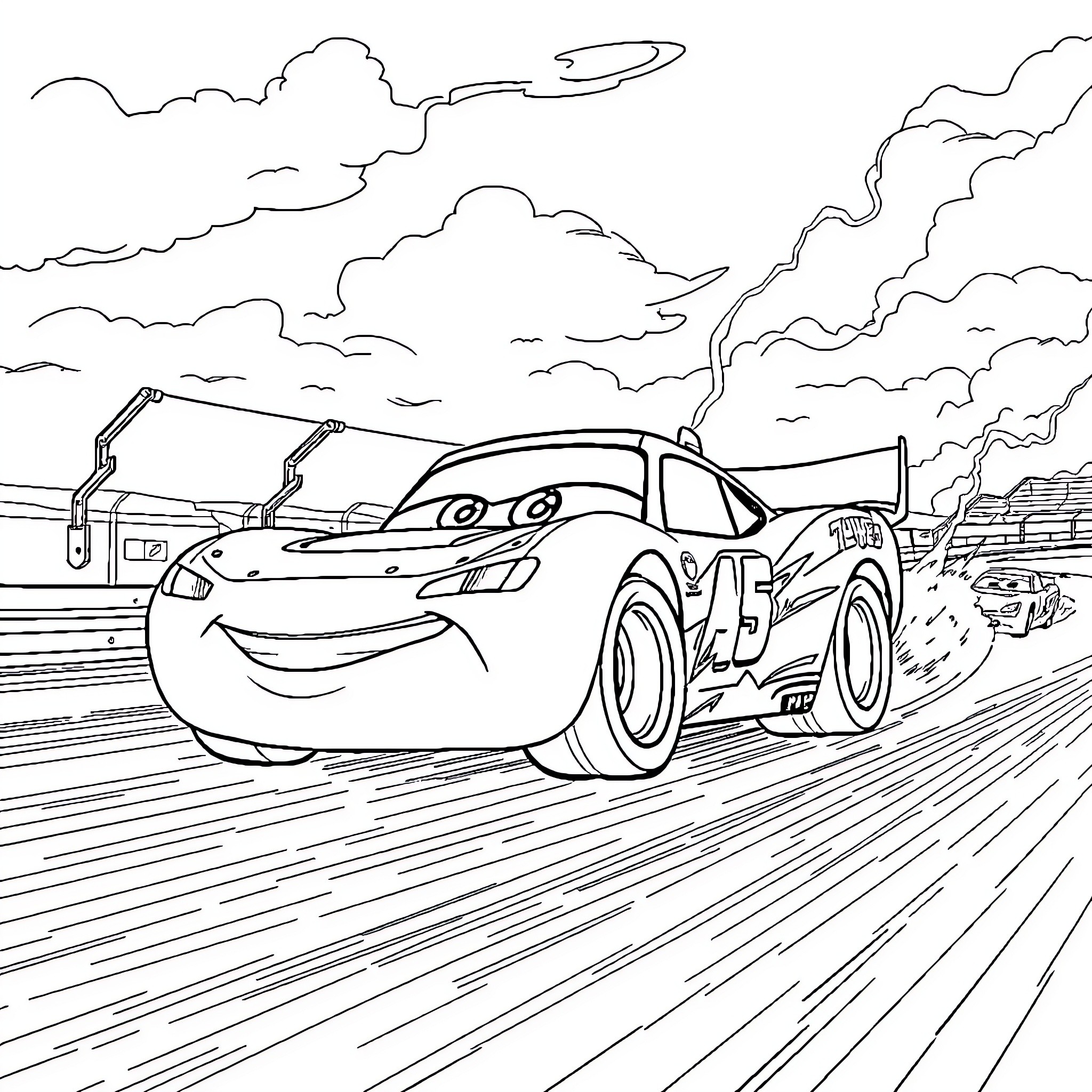 Lightning McQueen zooming down the race track Coloring Page (free black-and-white line drawing printable PDF for all, from beginners to advanced learners, including children, teens, adults, and seniors)