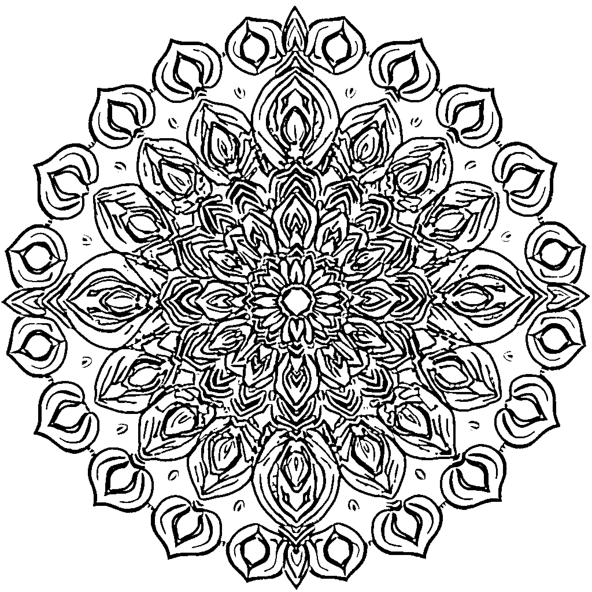 Mandala of intricate floral patterns Coloring Page (free black-and-white line drawing printable PDF for all, from beginners to advanced learners, including children, teens, adults, and seniors)