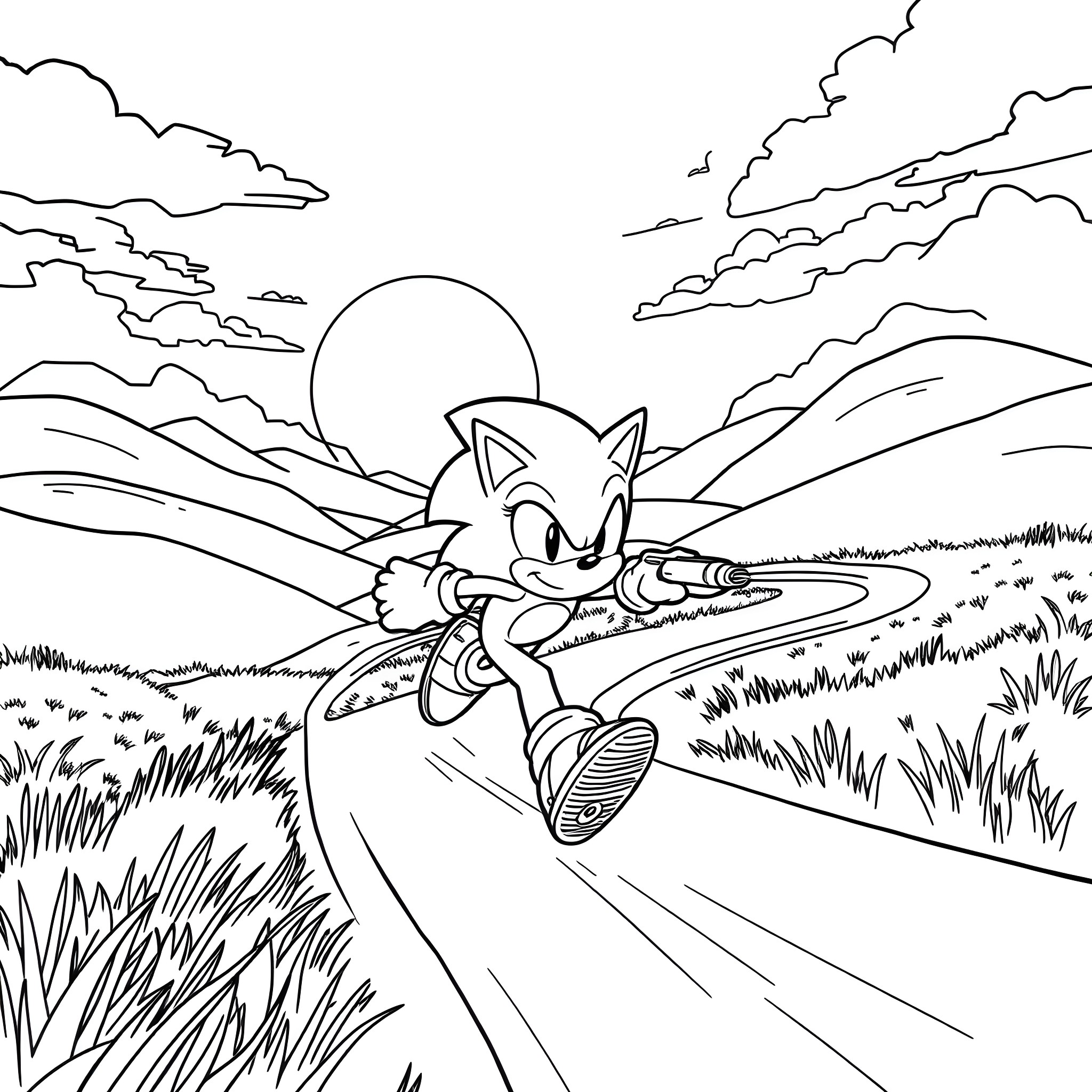 Sonic dashing through the scenic landscape Coloring Page (free black-and-white line drawing printable PDF for all, from beginners to advanced learners, including children, teens, adults, and seniors)