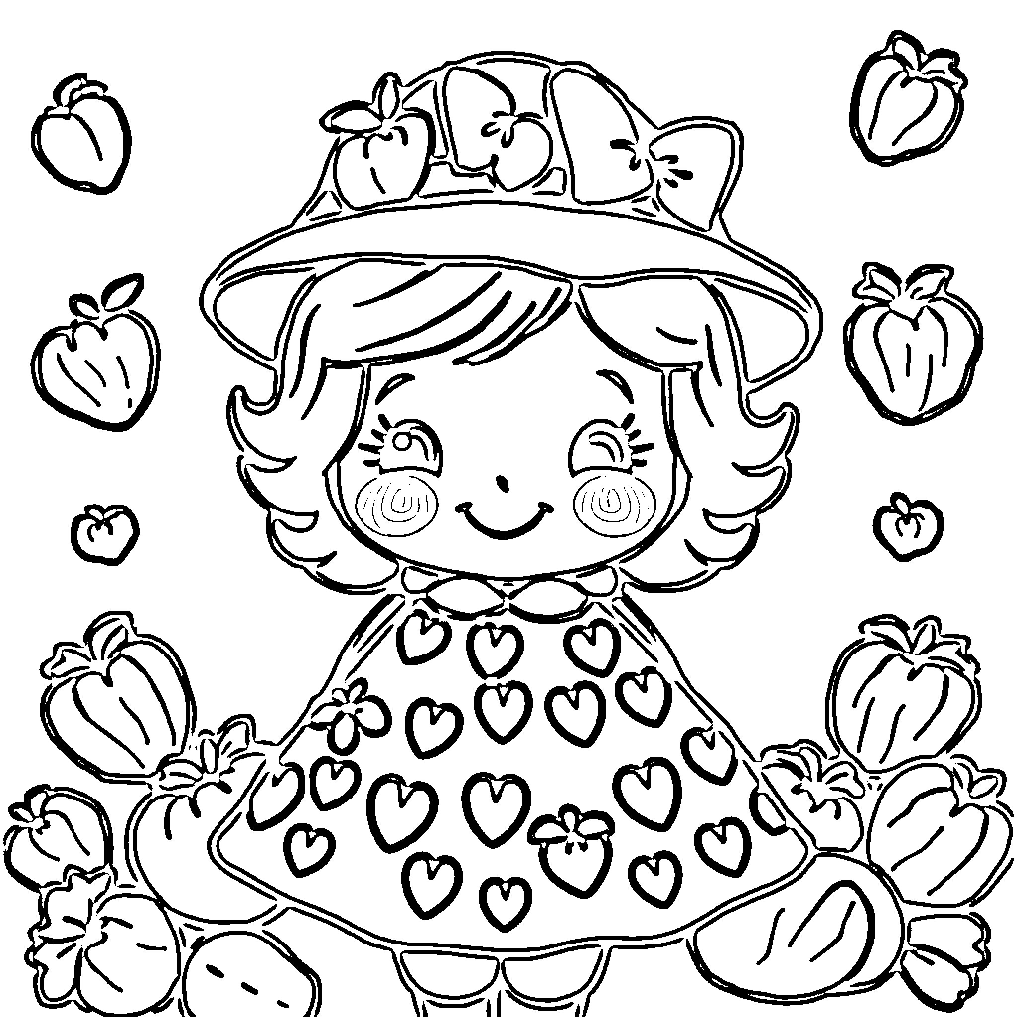 Doll wearing a heart-patterned dress surrounded by apples Coloring Page (free black-and-white line drawing printable PDF for all, from beginners to advanced learners, including children, teens, adults, and seniors)