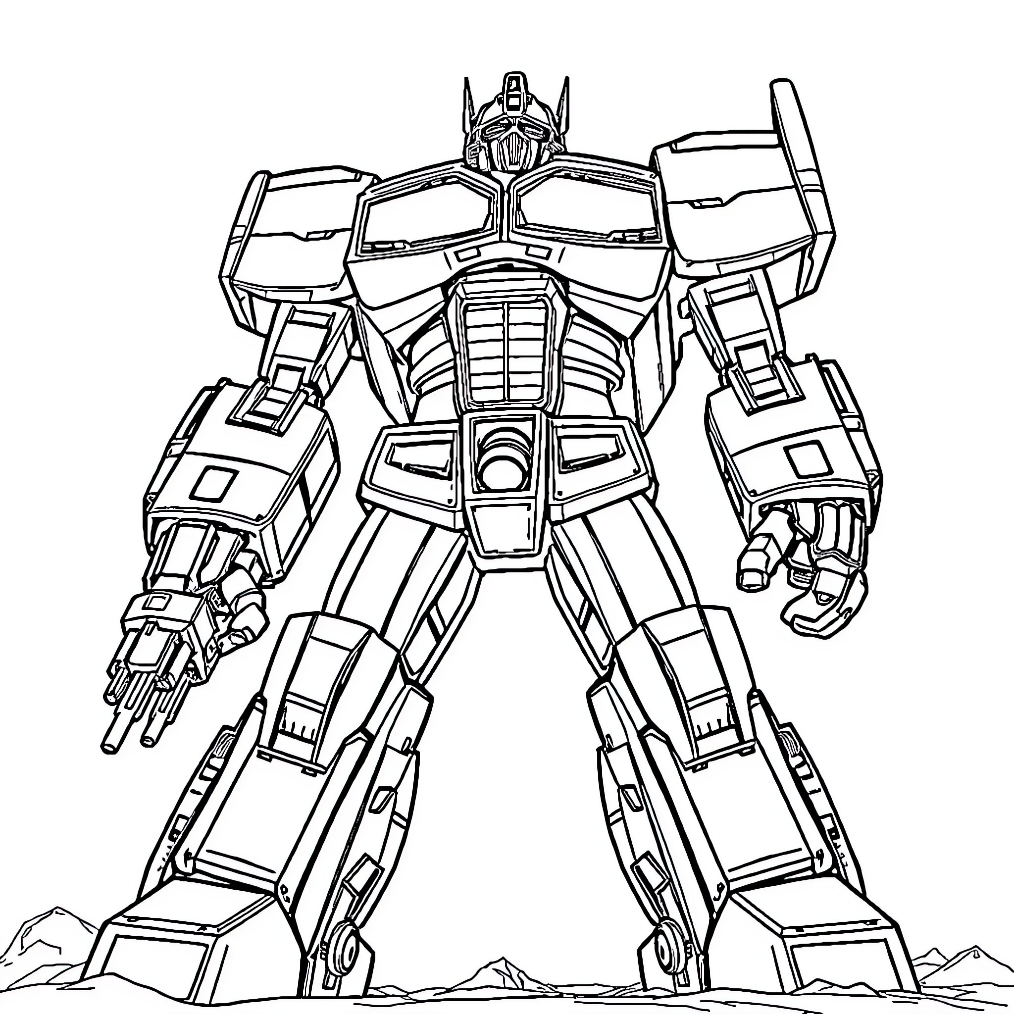 Transformer robot in an epic battle pose Coloring Page (free black-and-white line drawing printable PDF for all, from beginners to advanced learners, including children, teens, adults, and seniors)