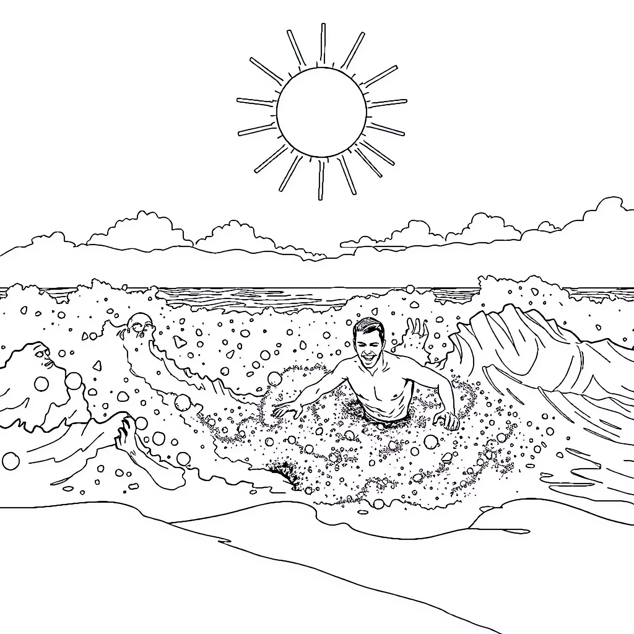 Man swimming in the ocean on a sunny day Coloring Page (free black-and-white line drawing printable PDF for all, from beginners to advanced learners, including children, teens, adults, and seniors)