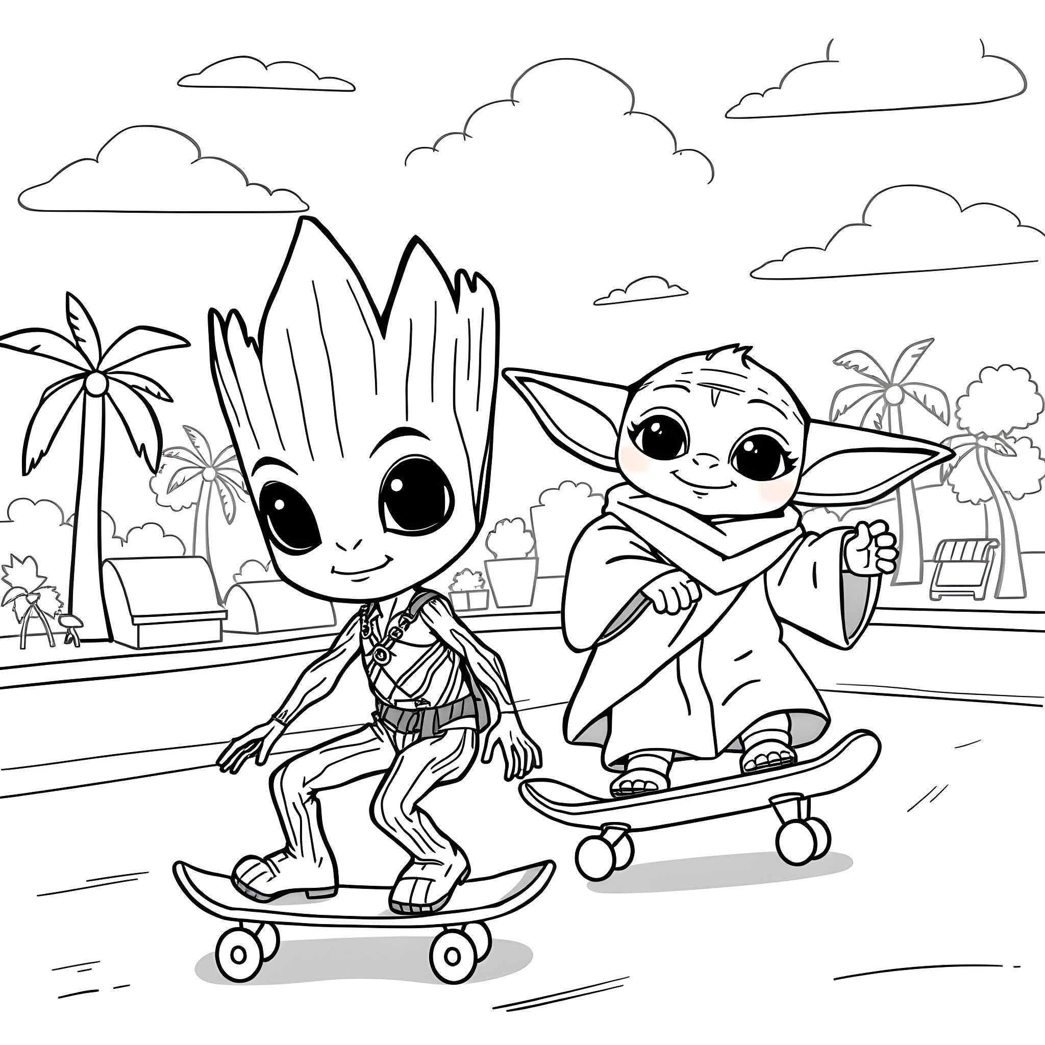Baby Groot and Baby Yoda skating together in a tropical scene Coloring Page (free black-and-white line drawing printable PDF for all, from beginners to advanced learners, including children, teens, adults, and seniors)