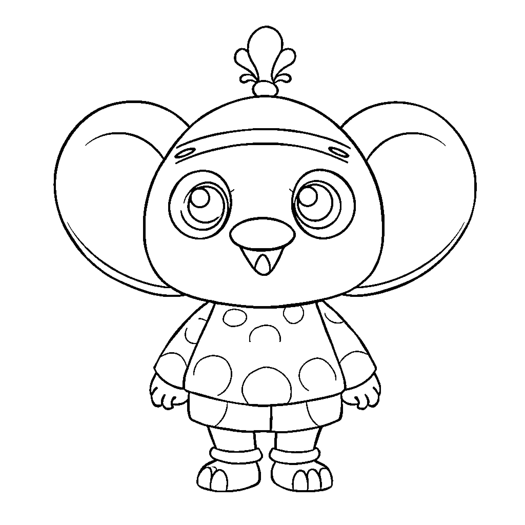 Labubu the Cheerful Cartoon Character Coloring Page (free black-and-white line drawing printable PDF for all, from beginners to advanced learners, including children, teens, adults, and seniors)