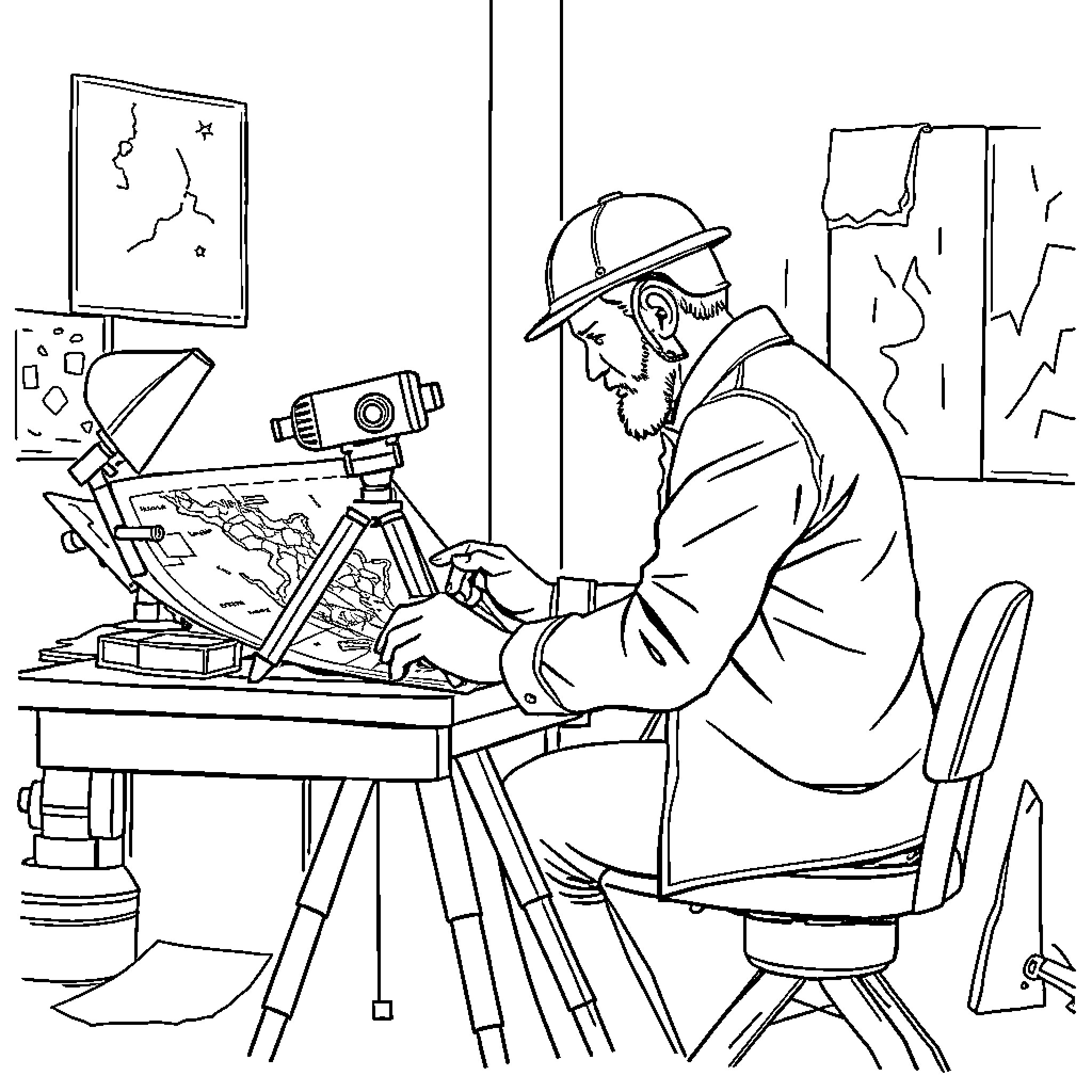 Geodetic Engineer conducting field research and survey work Coloring Page (free black-and-white line drawing printable PDF for all, from beginners to advanced learners, including children, teens, adults, and seniors)