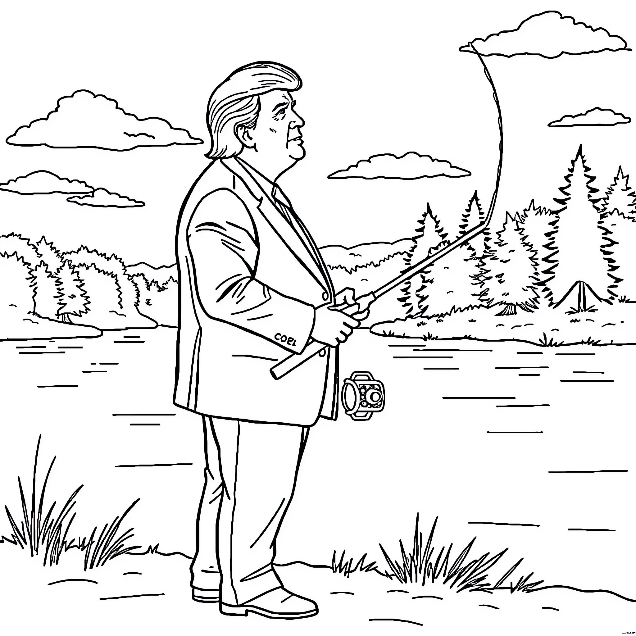 Donald Trump Holding a Megaphone in Outdoor Setting Coloring Page (free black-and-white line drawing printable PDF for all, from beginners to advanced learners, including children, teens, adults, and seniors)