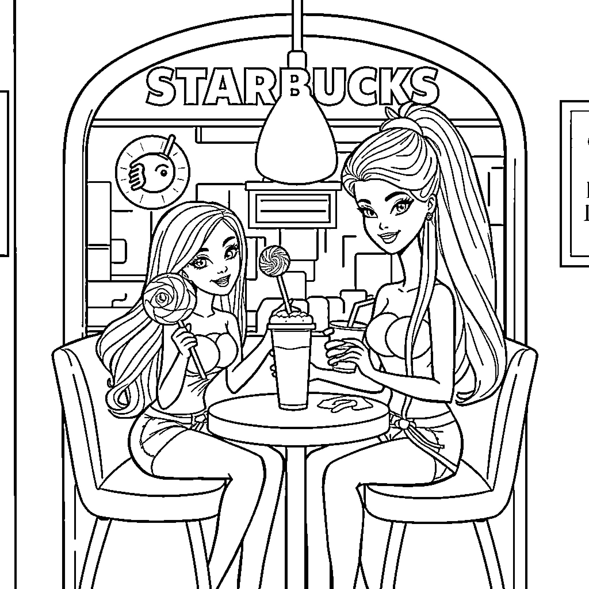 Barbie friends visiting Starbucks cafe Coloring Page (free black-and-white line drawing printable PDF for all, from beginners to advanced learners, including children, teens, adults, and seniors)