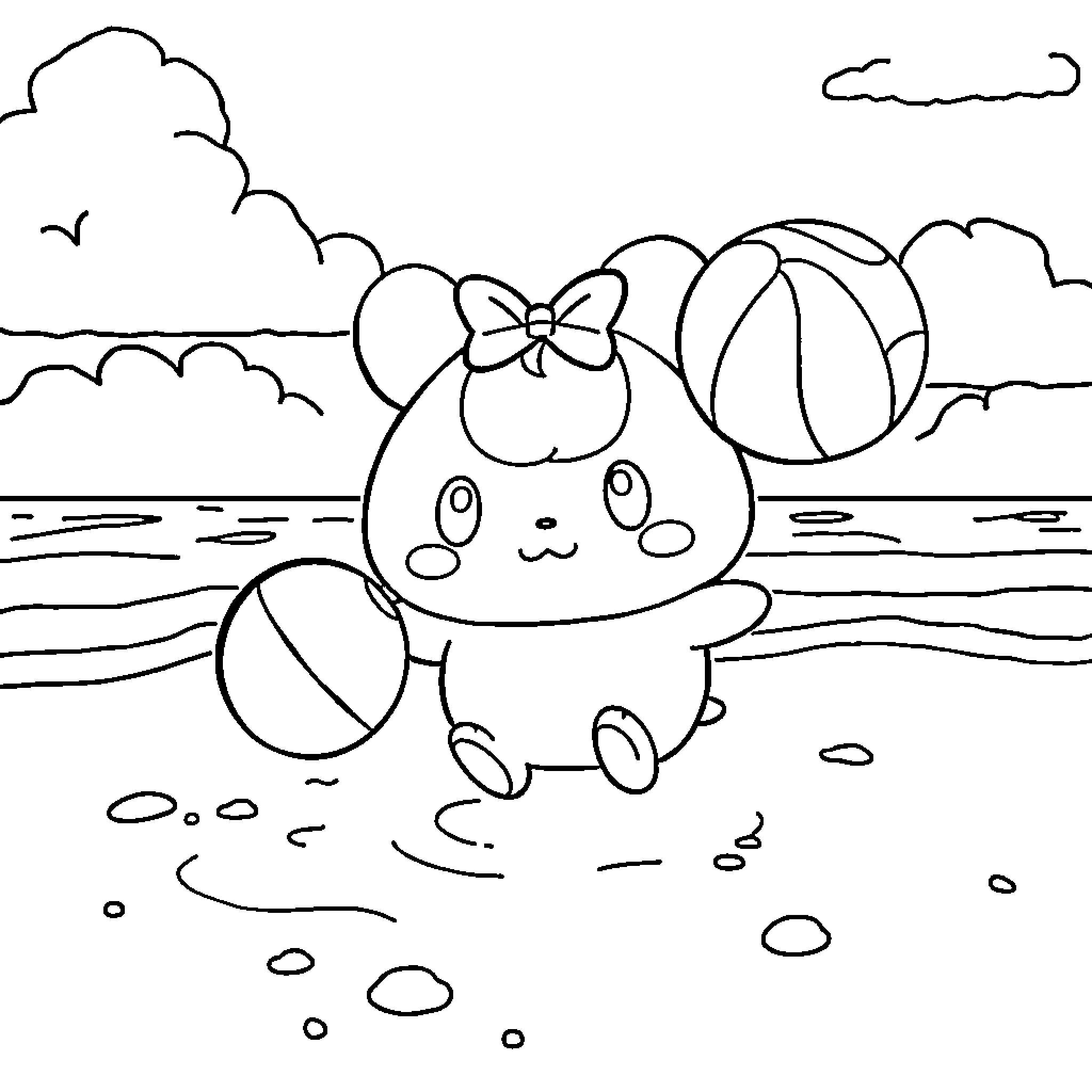 Cinnamoroll playing with beach balls by the sea Coloring Page (free black-and-white line drawing printable PDF for all, from beginners to advanced learners, including children, teens, adults, and seniors)