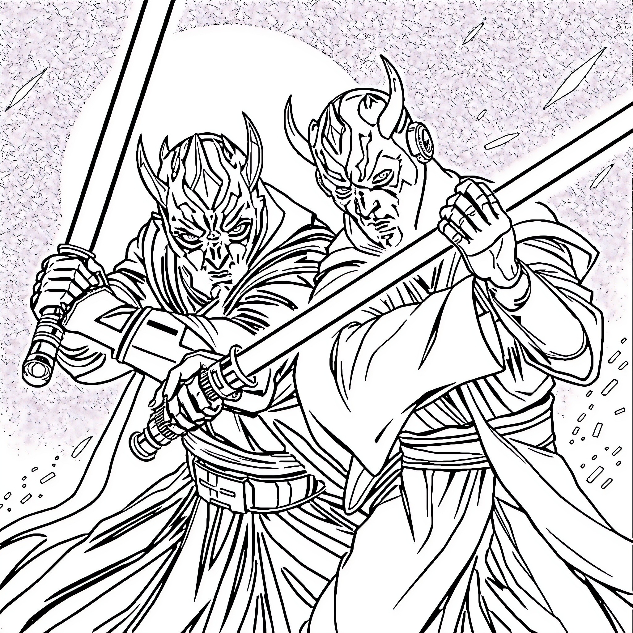 Darth Maul and Savage Opress in Intense Battle Coloring Page (free black-and-white line drawing printable PDF for all, from beginners to advanced learners, including children, teens, adults, and seniors)