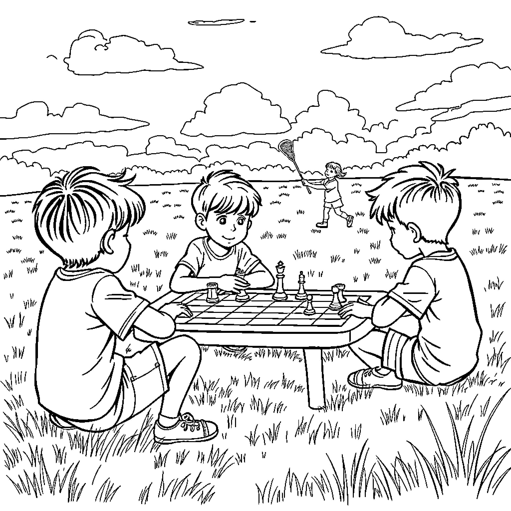 Kids playing chess outdoors in the park Coloring Page (free black-and-white line drawing printable PDF for all, from beginners to advanced learners, including children, teens, adults, and seniors)