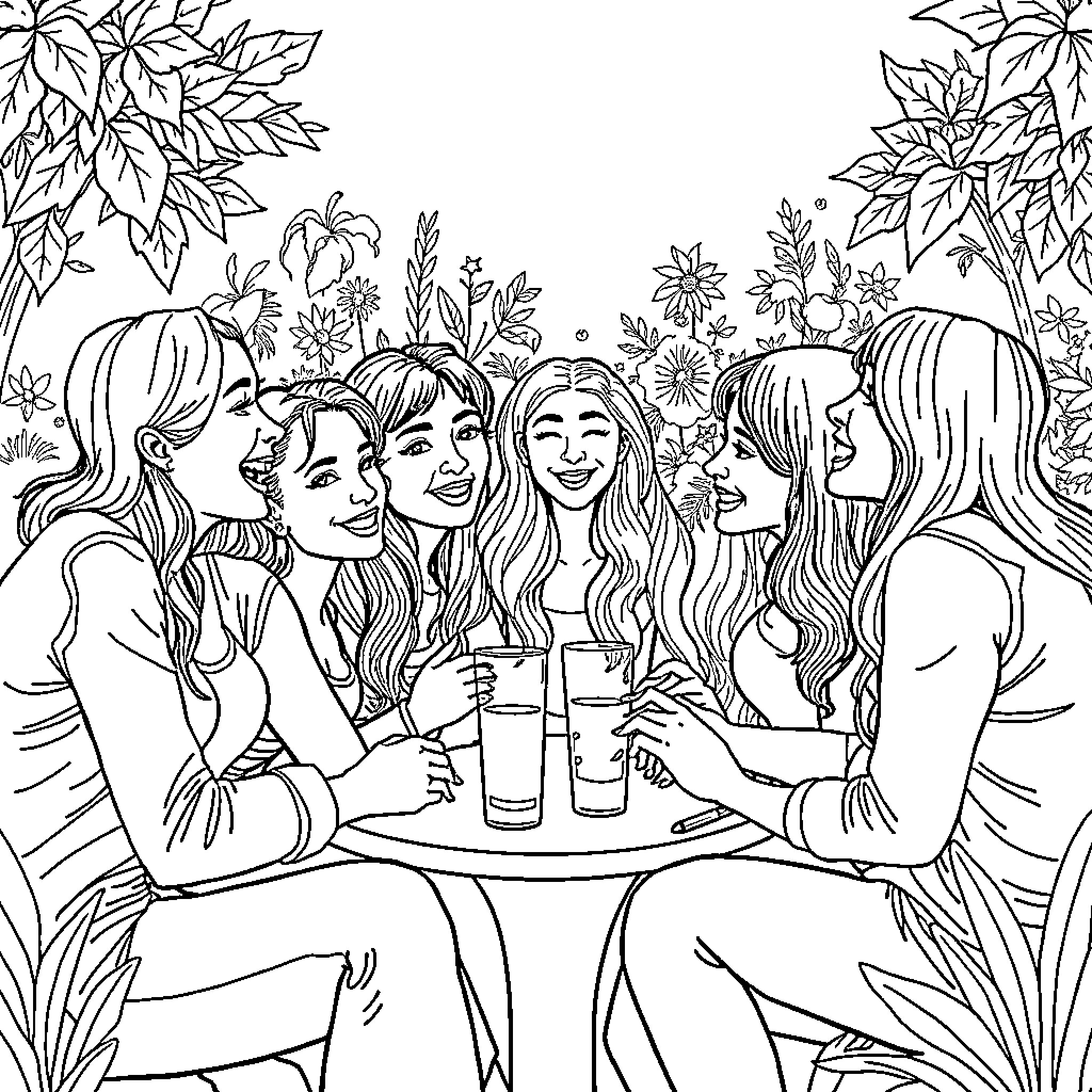 Huntrix: Friends Enjoying a Gathering in Nature Coloring Page (free black-and-white line drawing printable PDF for all, from beginners to advanced learners, including children, teens, adults, and seniors)