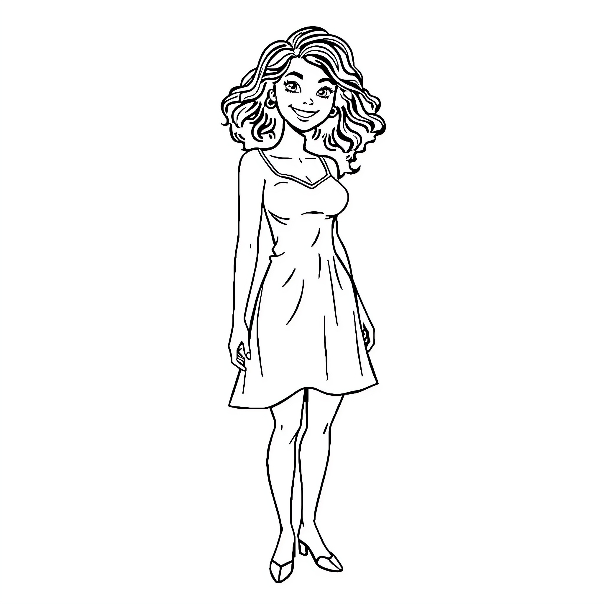 Woman in casual dress smiling joyfully Coloring Page (free black-and-white line drawing printable PDF for all, from beginners to advanced learners, including children, teens, adults, and seniors)