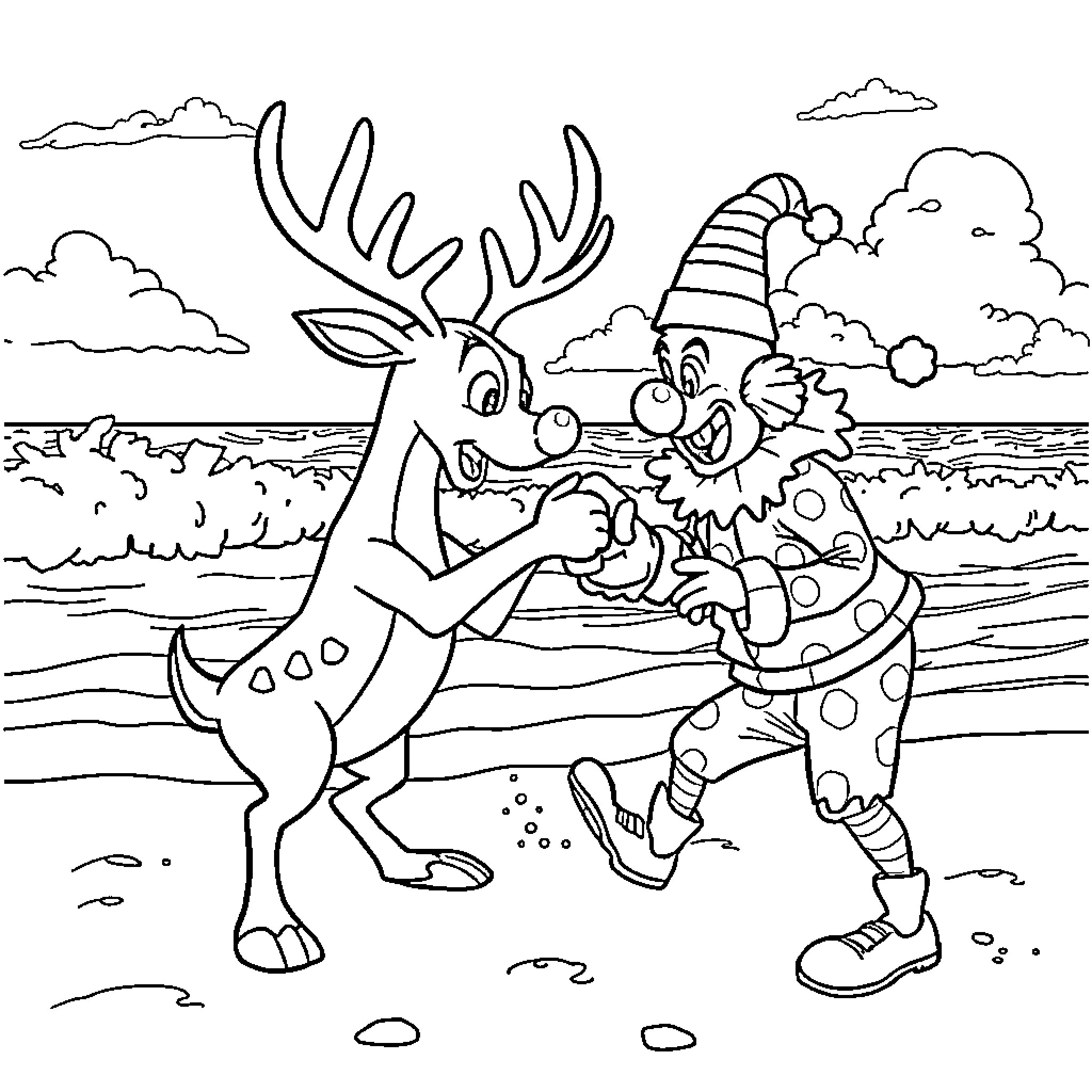 Rudolph and the Mischievous Elf's Playful Adventure Coloring Page (free black-and-white line drawing printable PDF for all, from beginners to advanced learners, including children, teens, adults, and seniors)