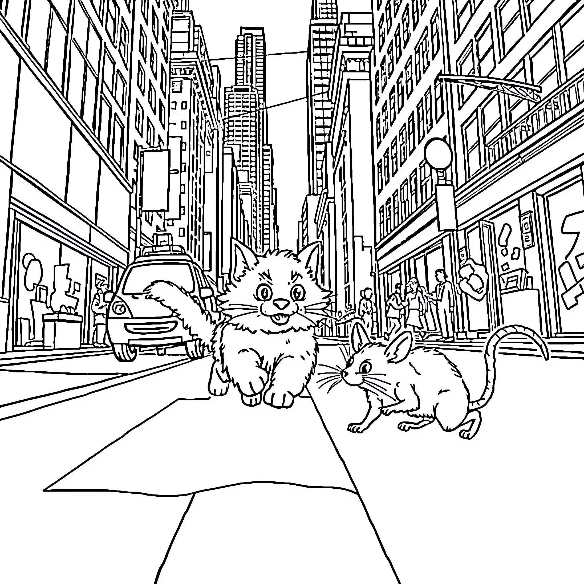 Cats Exploring Busy City Street Coloring Page (free black-and-white line drawing printable PDF for all, from beginners to advanced learners, including children, teens, adults, and seniors)