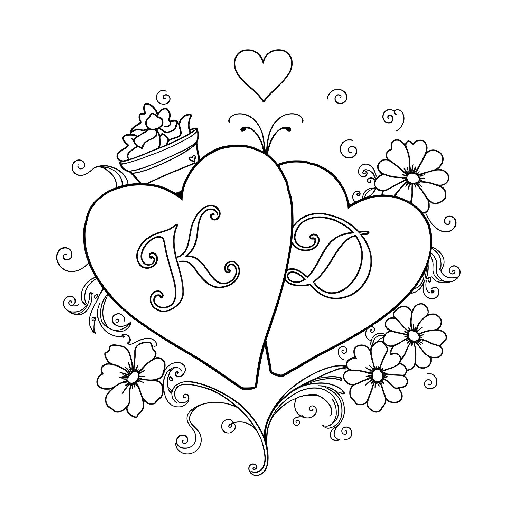 Heart-shaped love letter with floral decor Coloring Page (free black-and-white line drawing printable PDF for all, from beginners to advanced learners, including children, teens, adults, and seniors)
