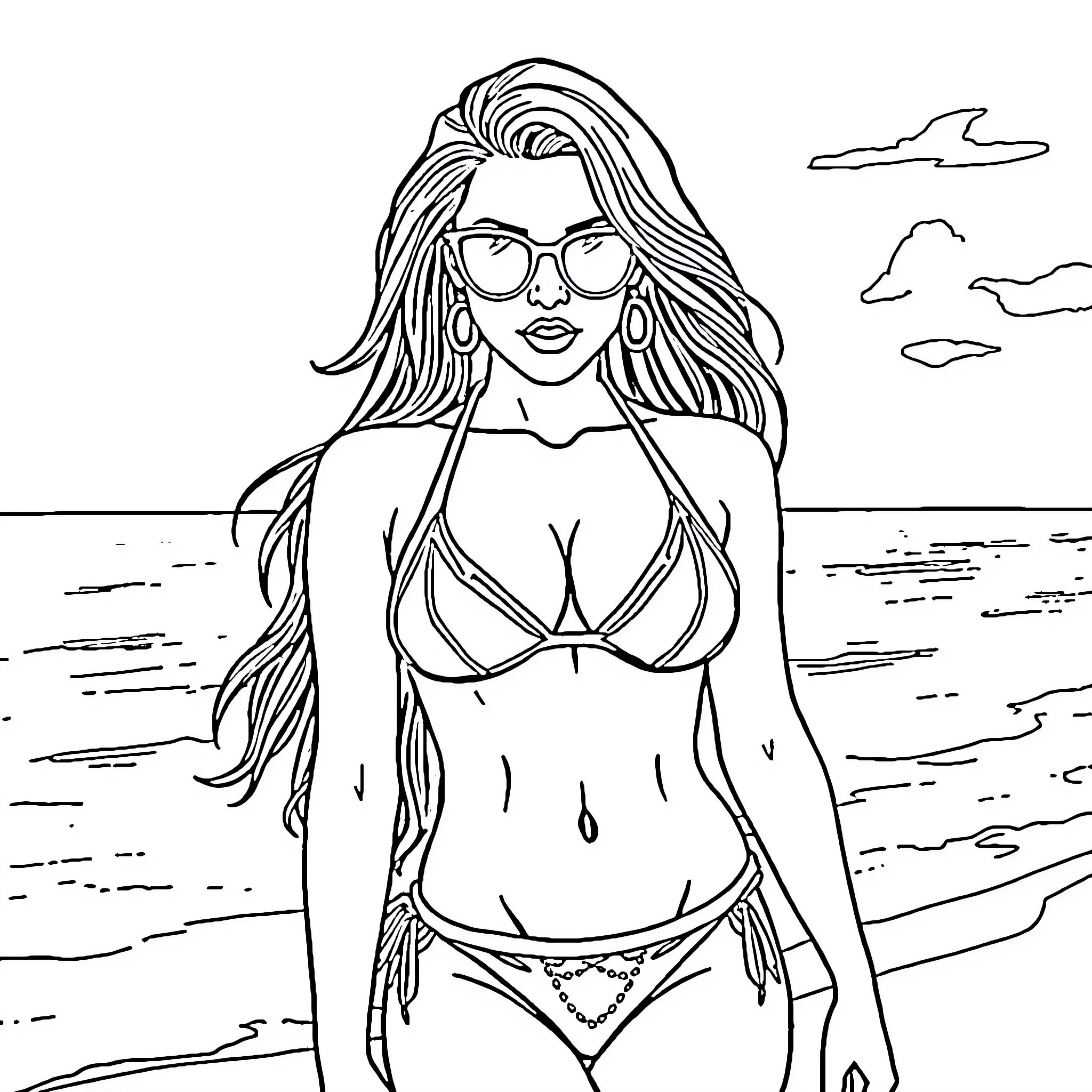 Alexa Bliss in a Bikini on the Beach Coloring Page (free black-and-white line drawing printable PDF for all, from beginners to advanced learners, including children, teens, adults, and seniors)