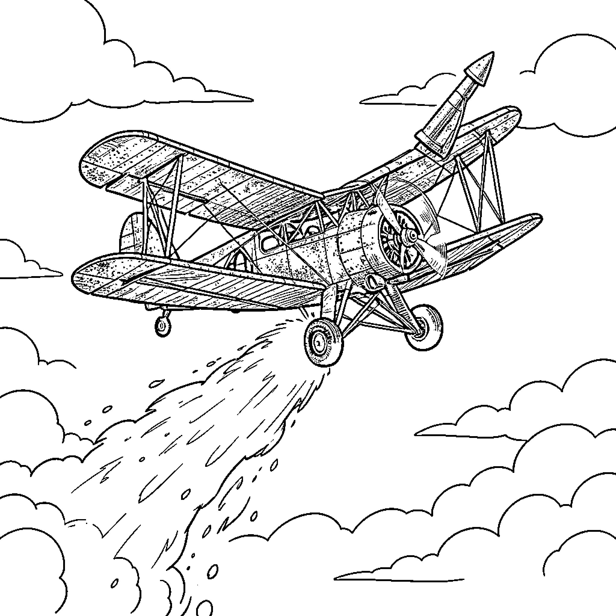 Cropduster plane flying through clouds spraying liquid Coloring Page (free black-and-white line drawing printable PDF for all, from beginners to advanced learners, including children, teens, adults, and seniors)