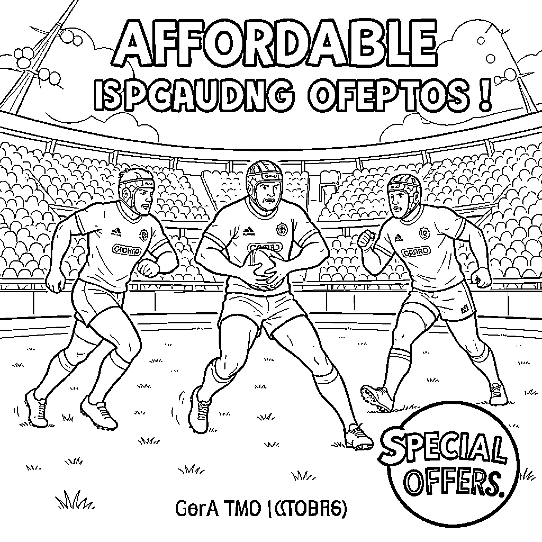 Rugby players competing intensely during a stadium match Coloring Page (free black-and-white line drawing printable PDF for all, from beginners to advanced learners, including children, teens, adults, and seniors)