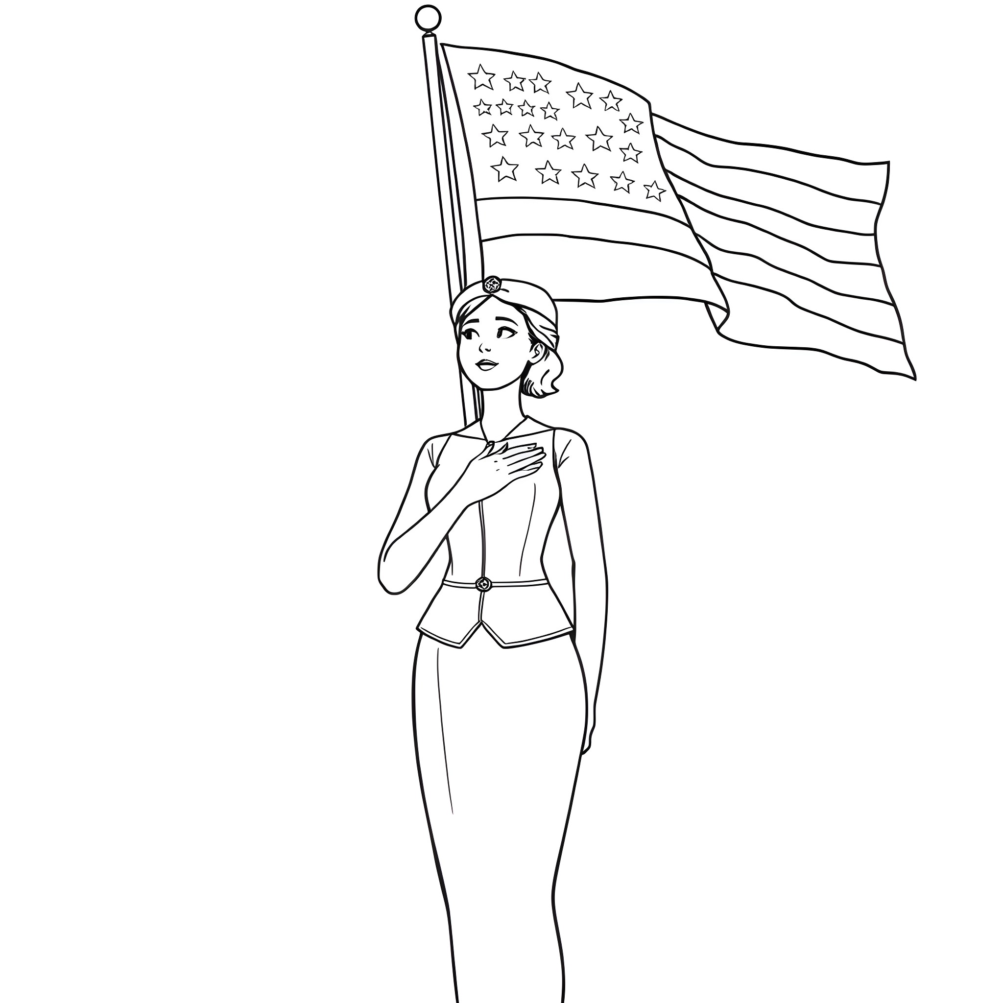 Hand holding American flag with determined expression Coloring Page (free black-and-white line drawing printable PDF for all, from beginners to advanced learners, including children, teens, adults, and seniors)