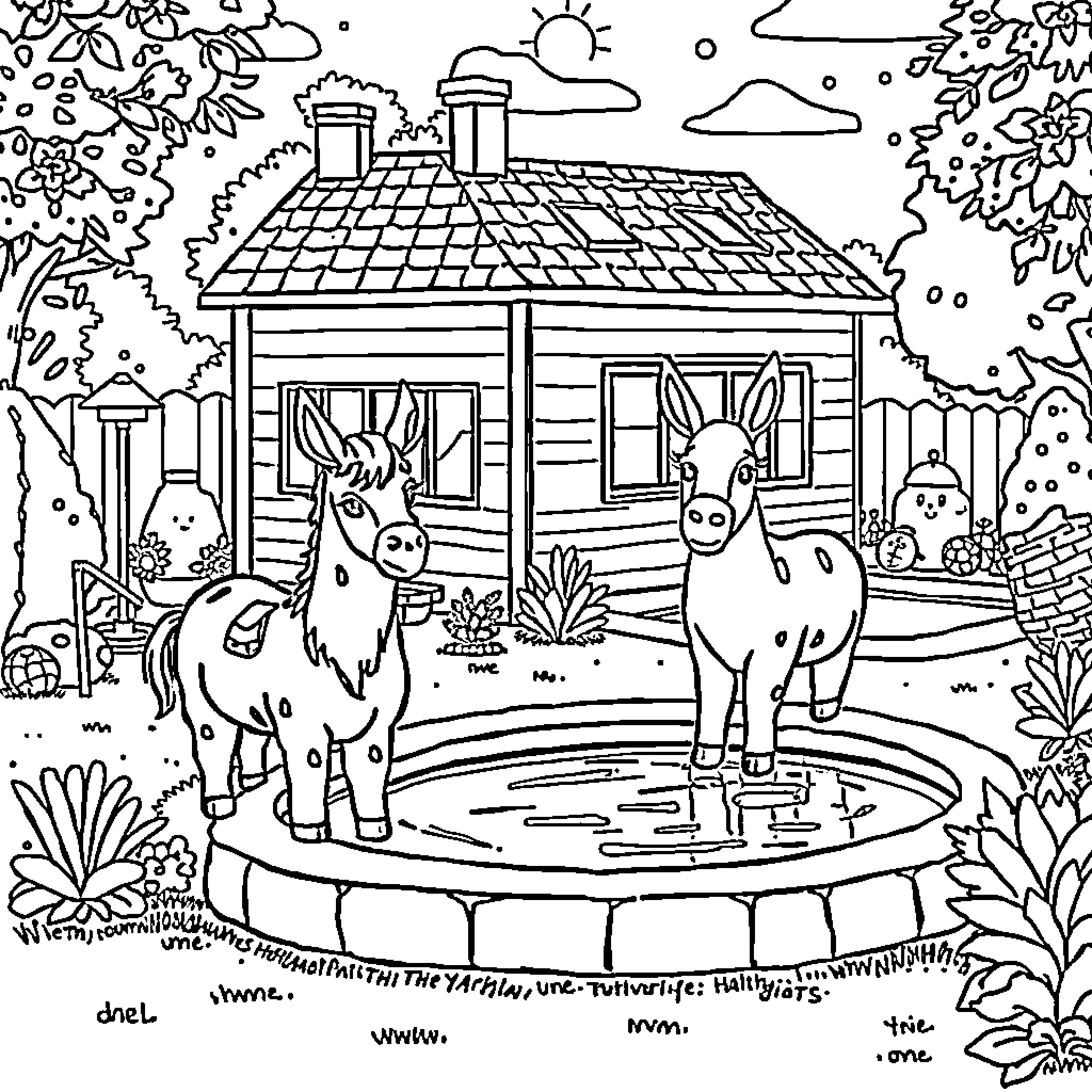 Ane's Cozy Farmhouse with Friendly Animals Coloring Page (free black-and-white line drawing printable PDF for all, from beginners to advanced learners, including children, teens, adults, and seniors)