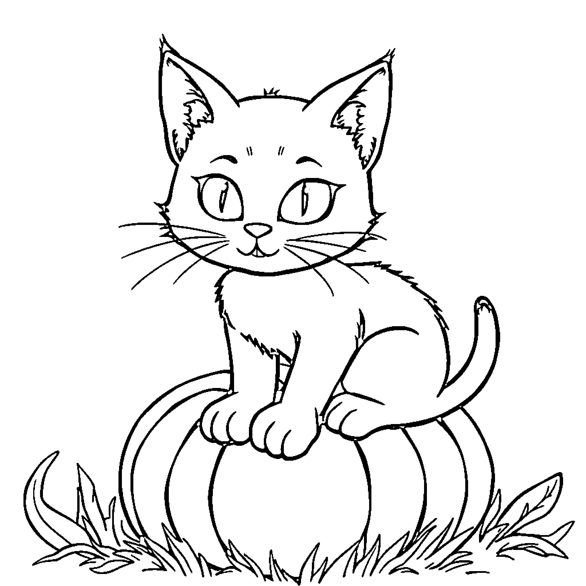 Cat sitting in grass Coloring Page (free black-and-white line drawing printable PDF for all, from beginners to advanced learners, including children, teens, adults, and seniors)