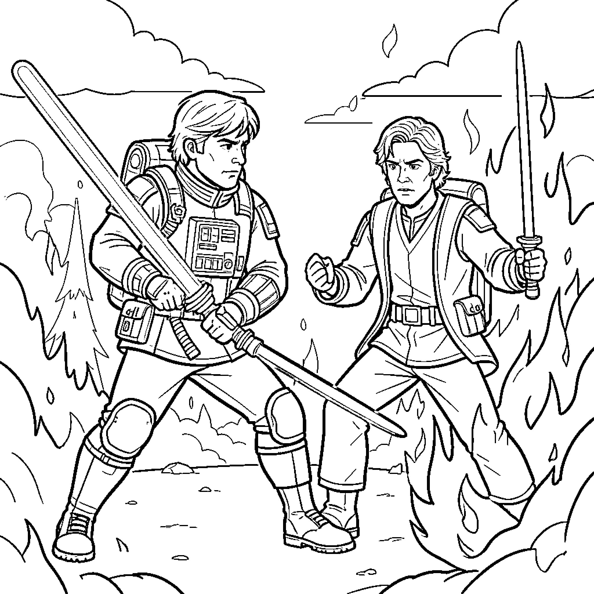 Firefighter heroic figures holding swords amidst intense flames Coloring Page (free black-and-white line drawing printable PDF for all, from beginners to advanced learners, including children, teens, adults, and seniors)