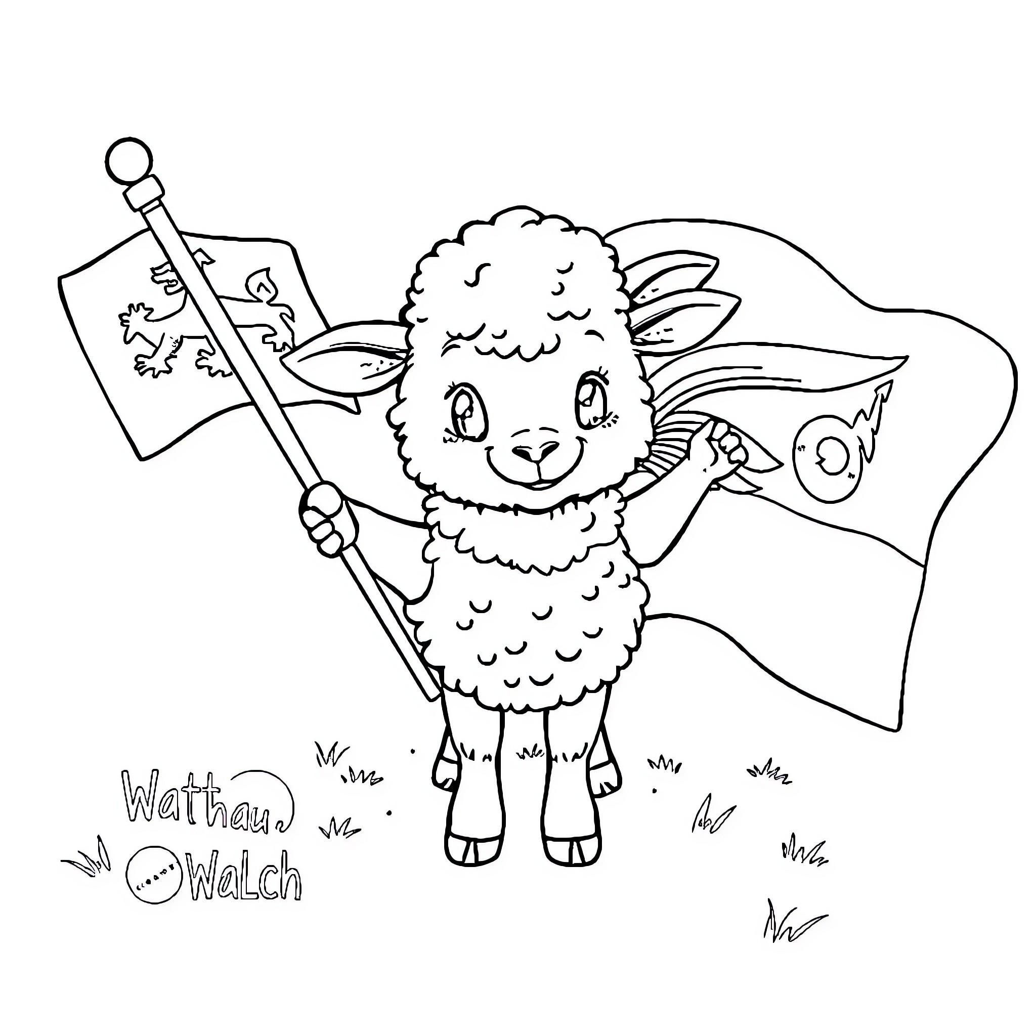 Lamb waving a flag in the meadow Coloring Page (free black-and-white line drawing printable PDF for all, from beginners to advanced learners, including children, teens, adults, and seniors)