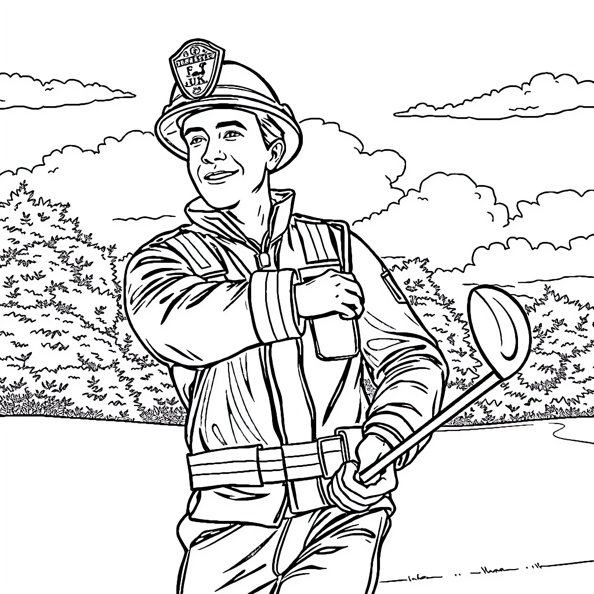 Firefighter assisting with emergency response in the field Coloring Page (free black-and-white line drawing printable PDF for all, from beginners to advanced learners, including children, teens, adults, and seniors)