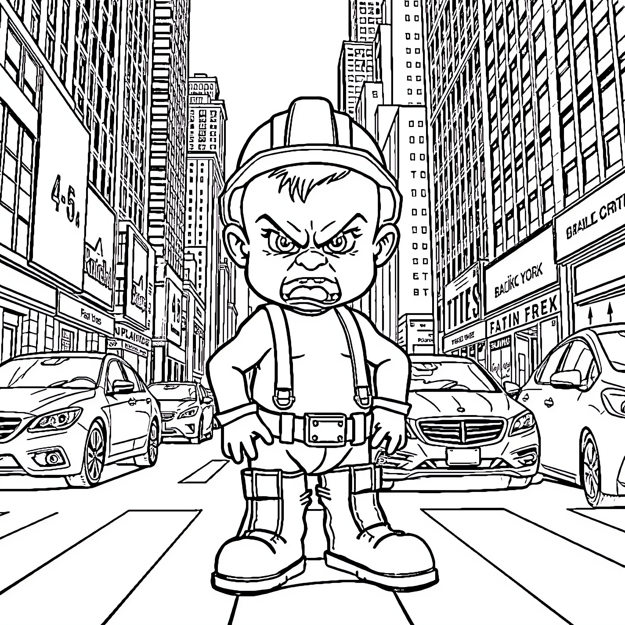 Baby Construction Worker on the Streets Coloring Page (free black-and-white line drawing printable PDF for all, from beginners to advanced learners, including children, teens, adults, and seniors)