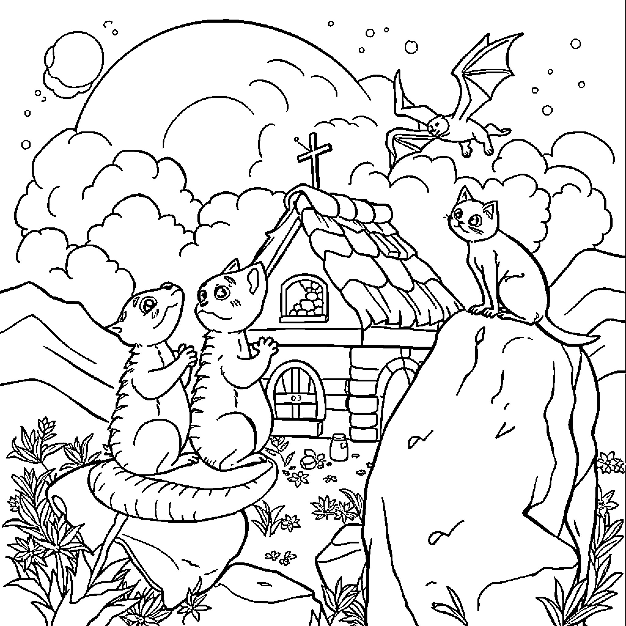 Three Little Pigs exploring a mysterious cottage in the woods Coloring Page (free black-and-white line drawing printable PDF for all, from beginners to advanced learners, including children, teens, adults, and seniors)