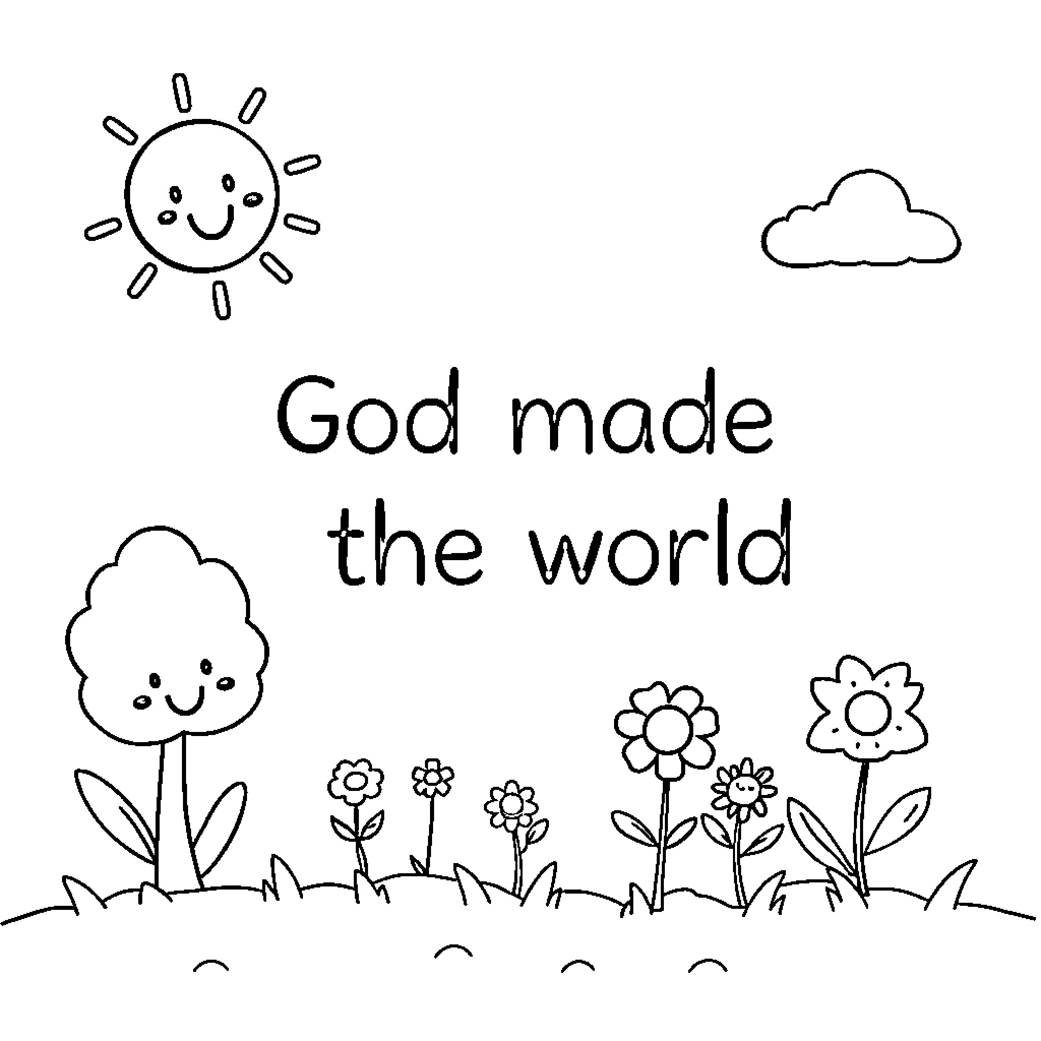 Sun shining over happy world creation Coloring Page (free black-and-white line drawing printable PDF for all, from beginners to advanced learners, including children, teens, adults, and seniors)