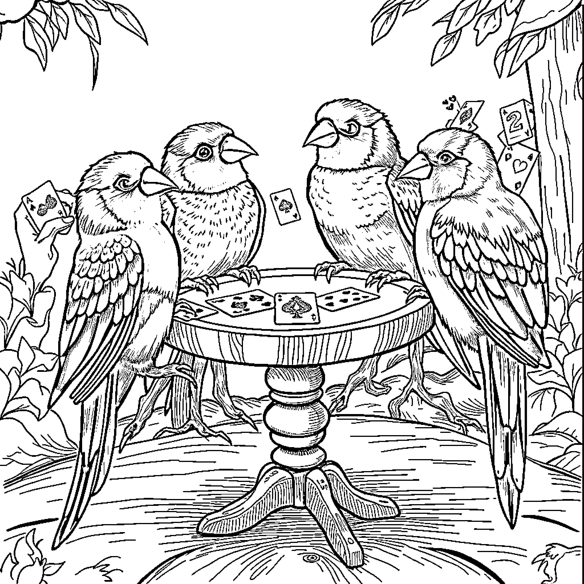 Birds enjoying a game together in nature Coloring Page (free black-and-white line drawing printable PDF for all, from beginners to advanced learners, including children, teens, adults, and seniors)